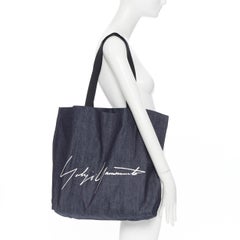 YOHJI YAMAMOTO Signature logo white print blue denim fabric casual tote bag