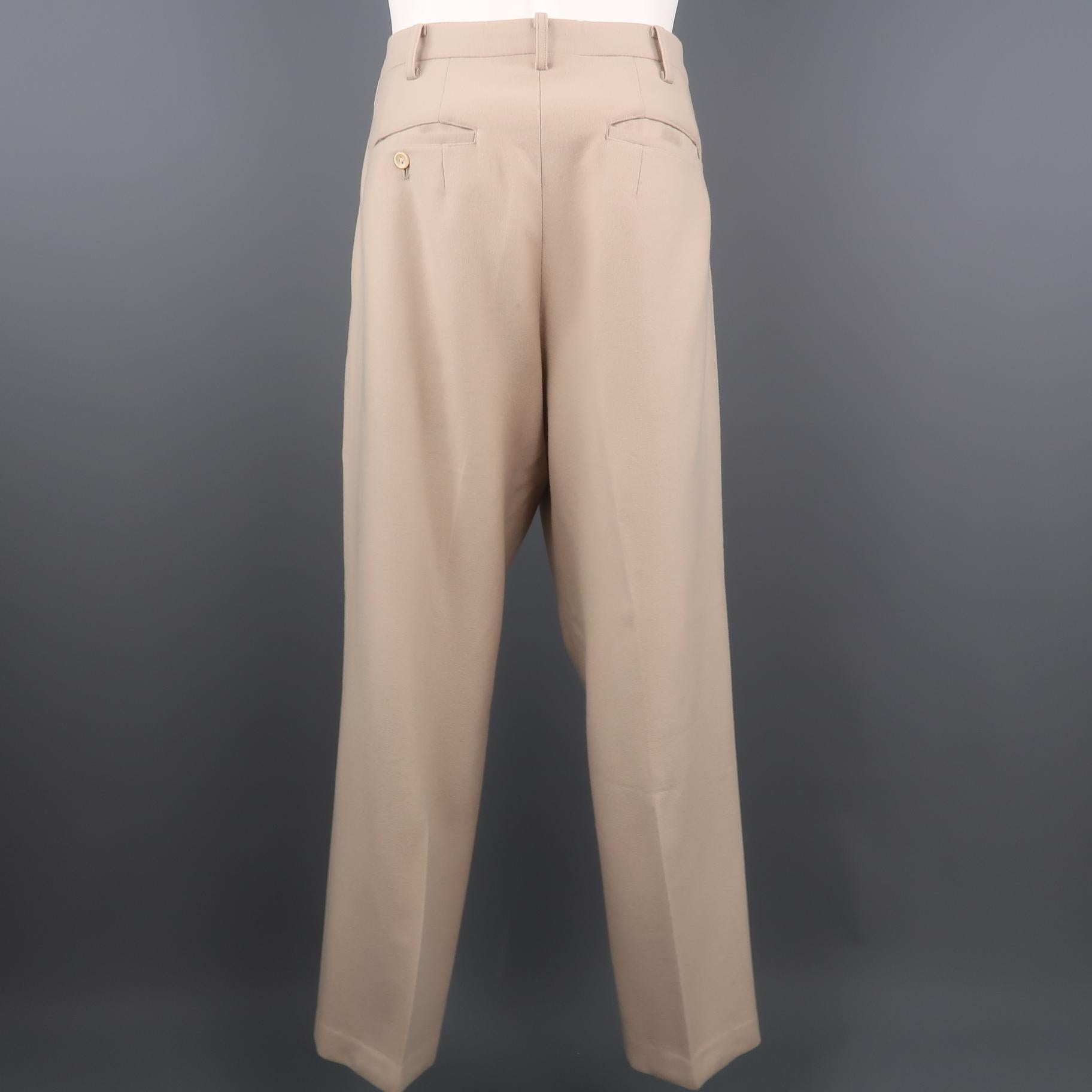 YOHJI YAMAMOTO Size L Beige Pleated Wool Blend Wide Tapered Leg Pants 1