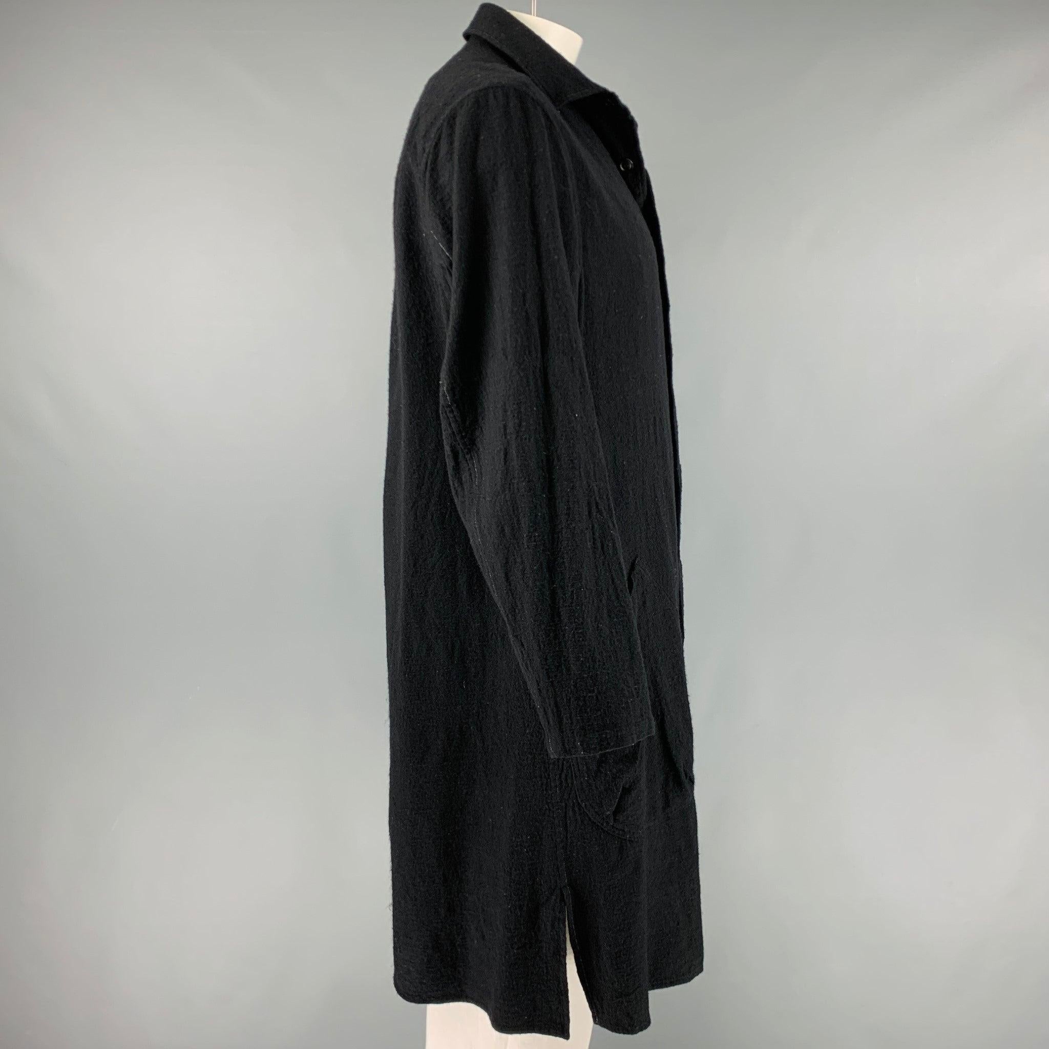 YOHJI YAMAMOTO Größe L Schwarzer Mantel aus Wolle mit Kontraststich und Patch-Taschen im Zustand „Gut“ im Angebot in San Francisco, CA