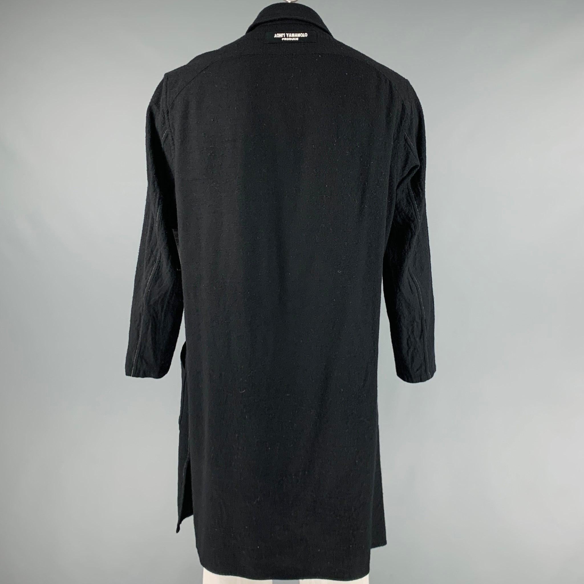 YOHJI YAMAMOTO Größe L Schwarzer Mantel aus Wolle mit Kontraststich und Patch-Taschen Herren im Angebot