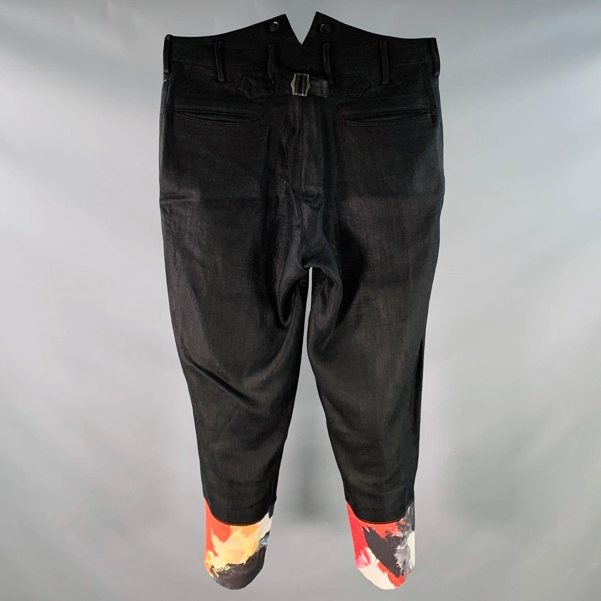 Noir YOHJI YAMAMOTO Size L Black Red Contrast Trim Linen Back Cinch High Waist Dress Pants en vente
