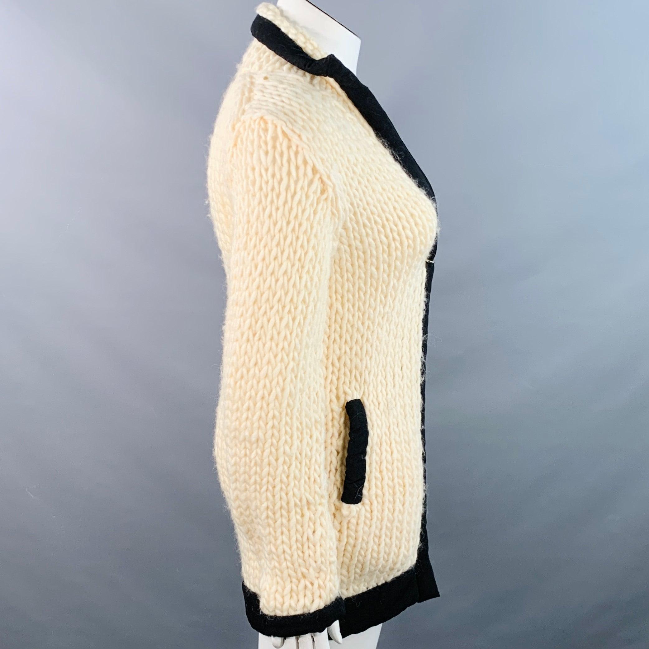 Blanc YOHJI YAMAMOTO Size L Cream Black Wool Contrast Trim Cardigan en vente