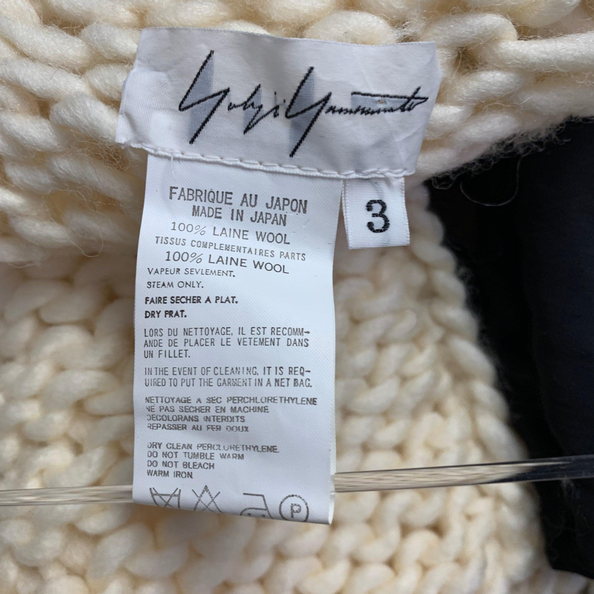 YOHJI YAMAMOTO Size L Cream Black Wool Contrast Trim Cardigan en vente 2