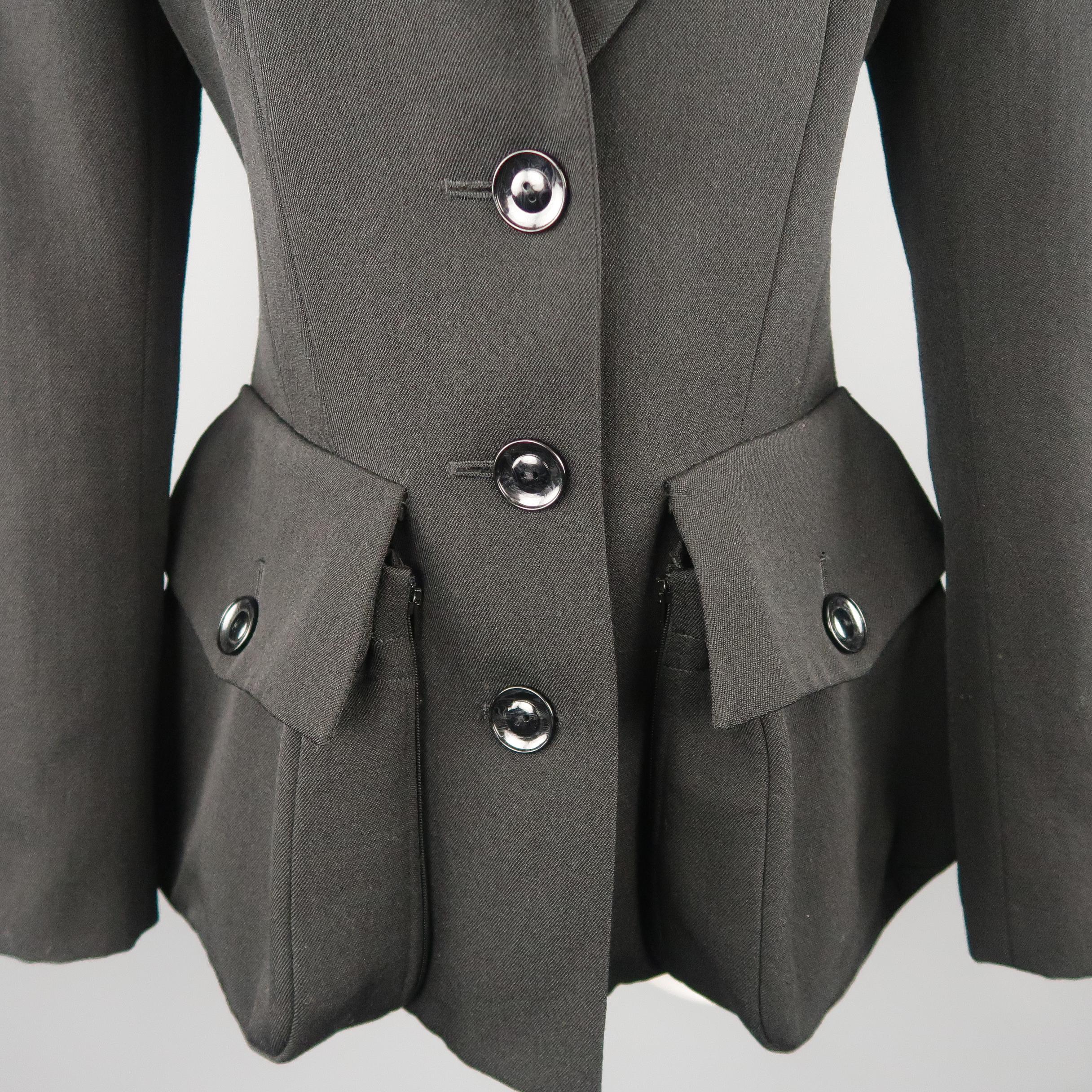 YOHJI YAMAMOTO Size M Black Wool Point Lapel Zip Patch Flap Pocket Coat In Excellent Condition In San Francisco, CA