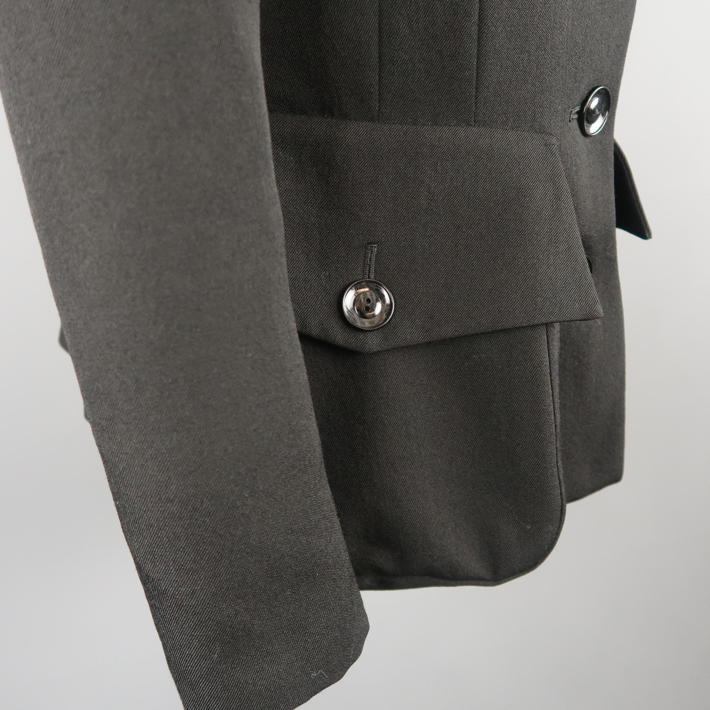 Women's YOHJI YAMAMOTO Size M Black Wool Point Lapel Zip Patch Flap Pocket Coat