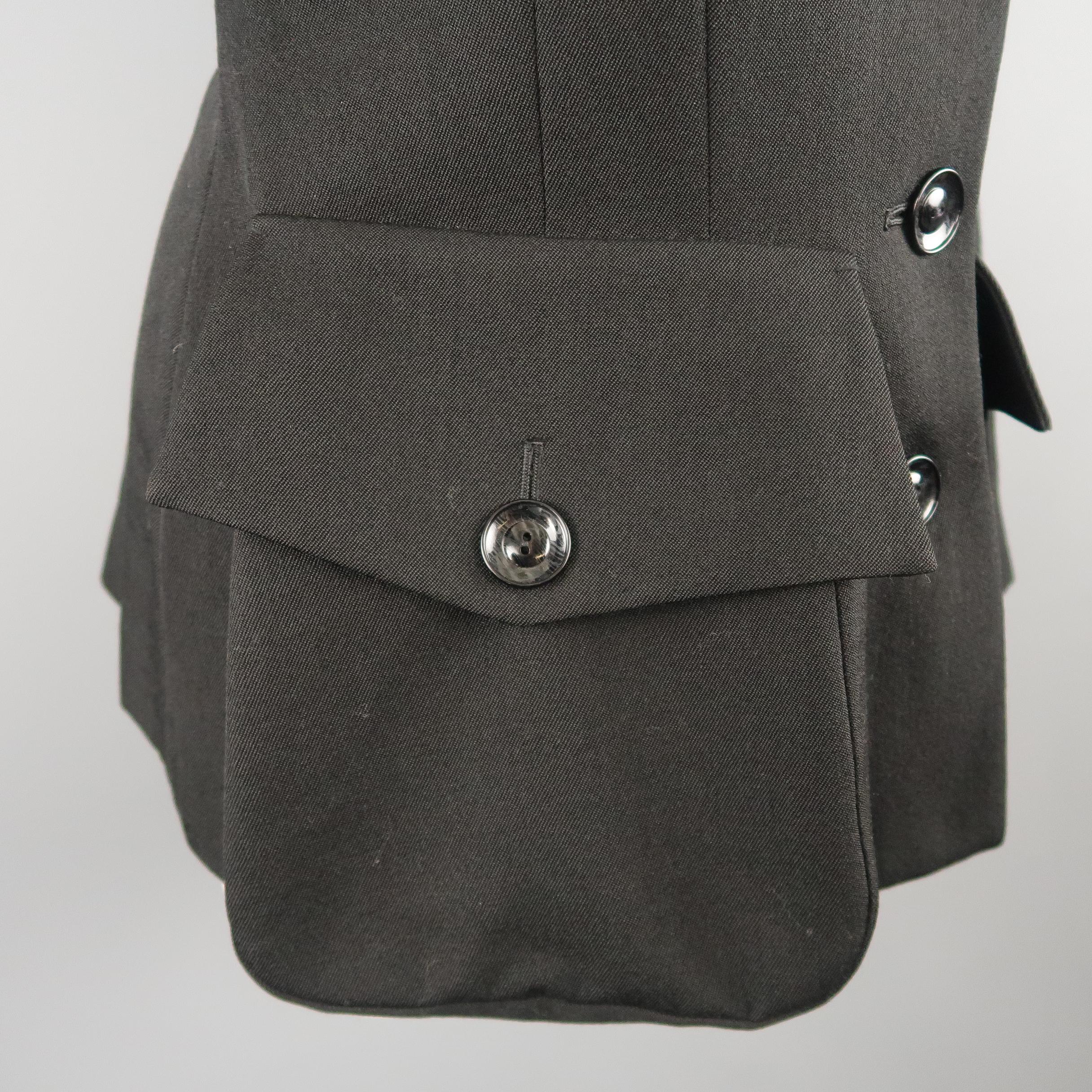 YOHJI YAMAMOTO Size M Black Wool Point Lapel Zip Patch Flap Pocket Coat 1