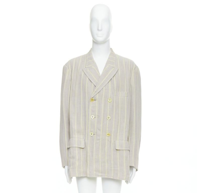YOHJI YAMAMOTO stone grey cream striped  rayon linen double breasted blazer M For Sale 5