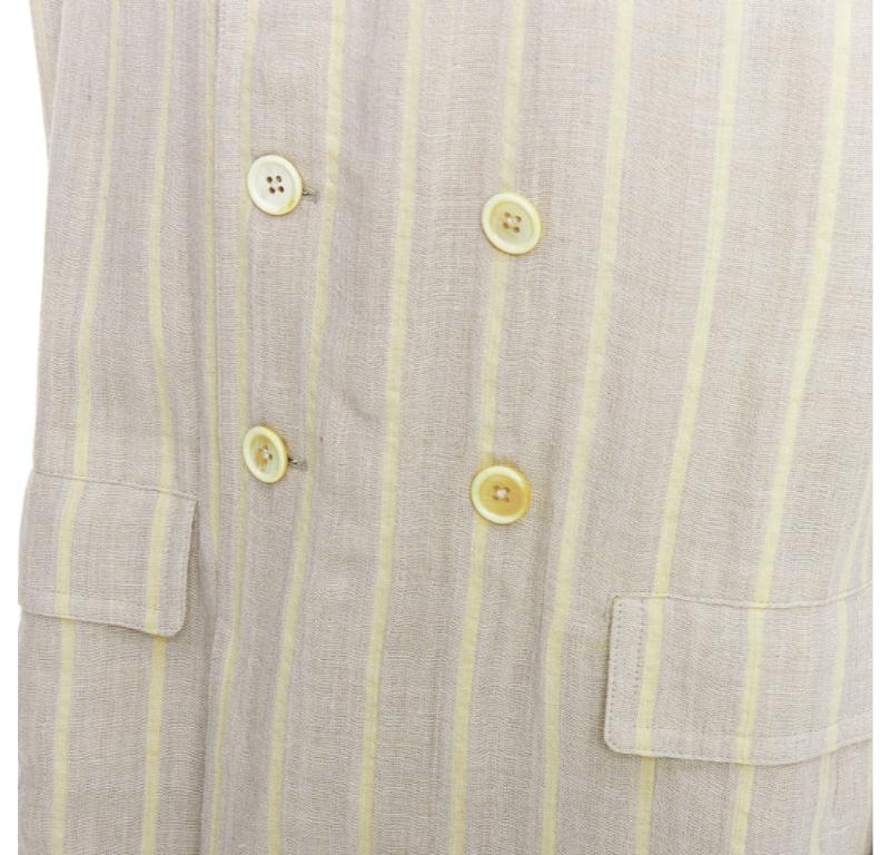 YOHJI YAMAMOTO stone grey cream striped  rayon linen double breasted blazer M
Reference: PRWU/A00021
Brand: Yohji Yamamoto
Material: Rayon, Linen
Color: Stone, Cream
Pattern: Striped
Closure: Button
Lining: Beige Fabric
Extra Details: Shoulder