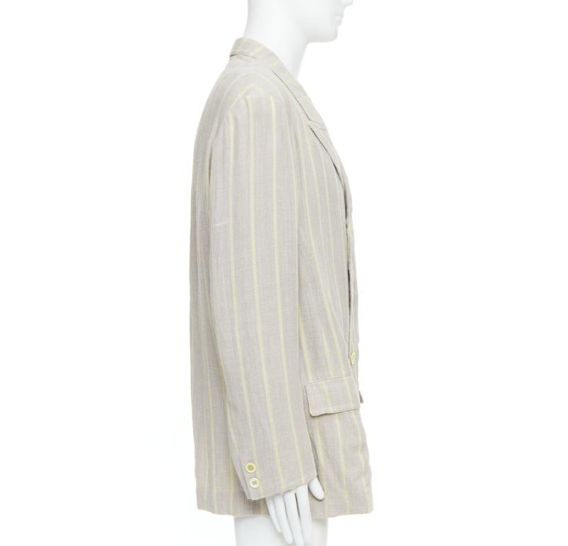 YOHJI YAMAMOTO stone grey cream striped  rayon linen double breasted blazer M In Good Condition For Sale In Hong Kong, NT