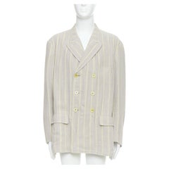 YOHJI YAMAMOTO Steingrau Creme gestreift  Zweireihiger Blazer aus Viskose-Leinen, M
