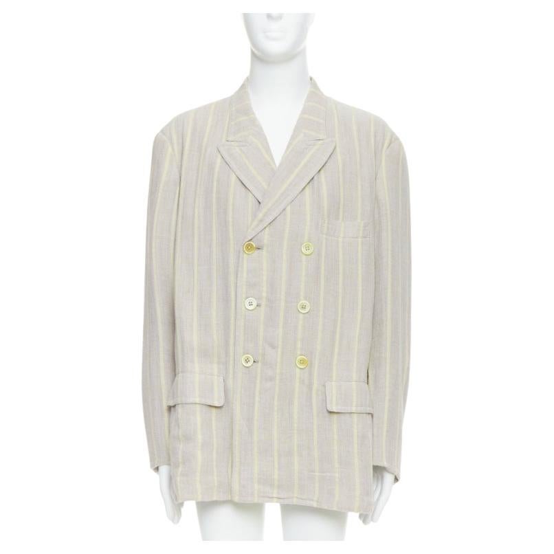 YOHJI YAMAMOTO stone grey cream striped  rayon linen double breasted blazer M For Sale