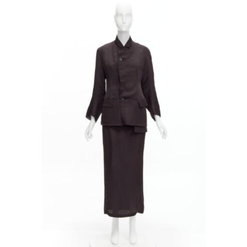 YOHJI YAMAMOTO Vintage brown silk flap pockets mandarin collar jacket skirt S 8