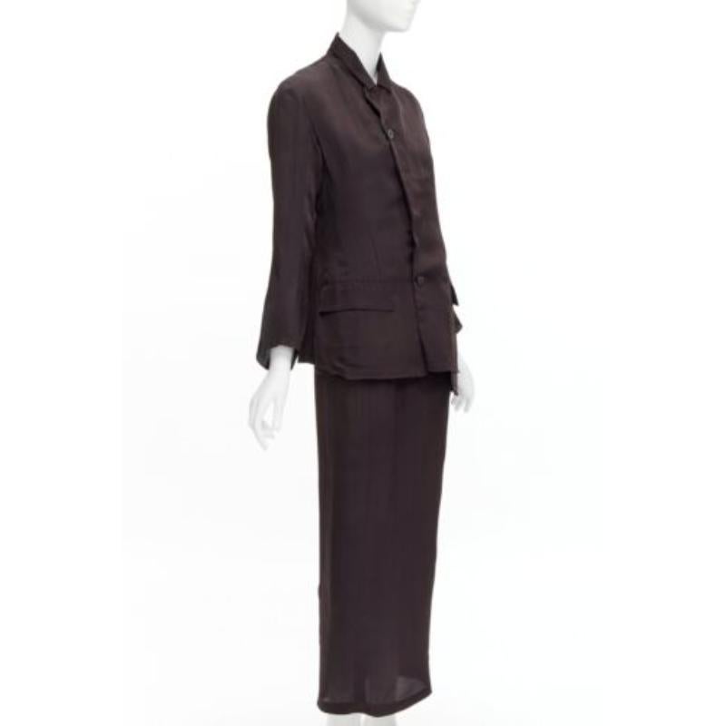 Black YOHJI YAMAMOTO Vintage brown silk flap pockets mandarin collar jacket skirt S