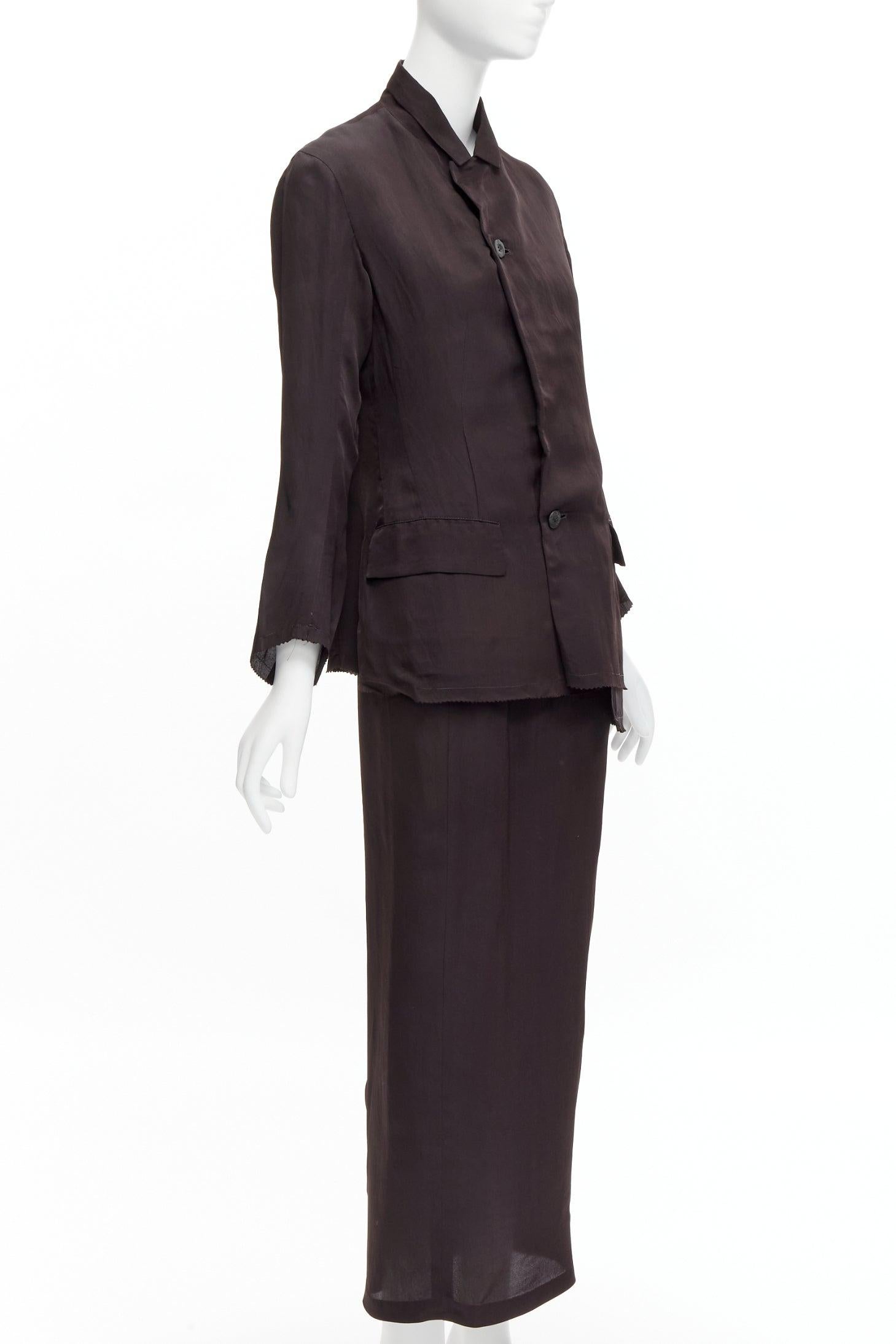 Black YOHJI YAMAMOTO Vintage dark brown silk blend flap pockets mandarin collar jacket For Sale