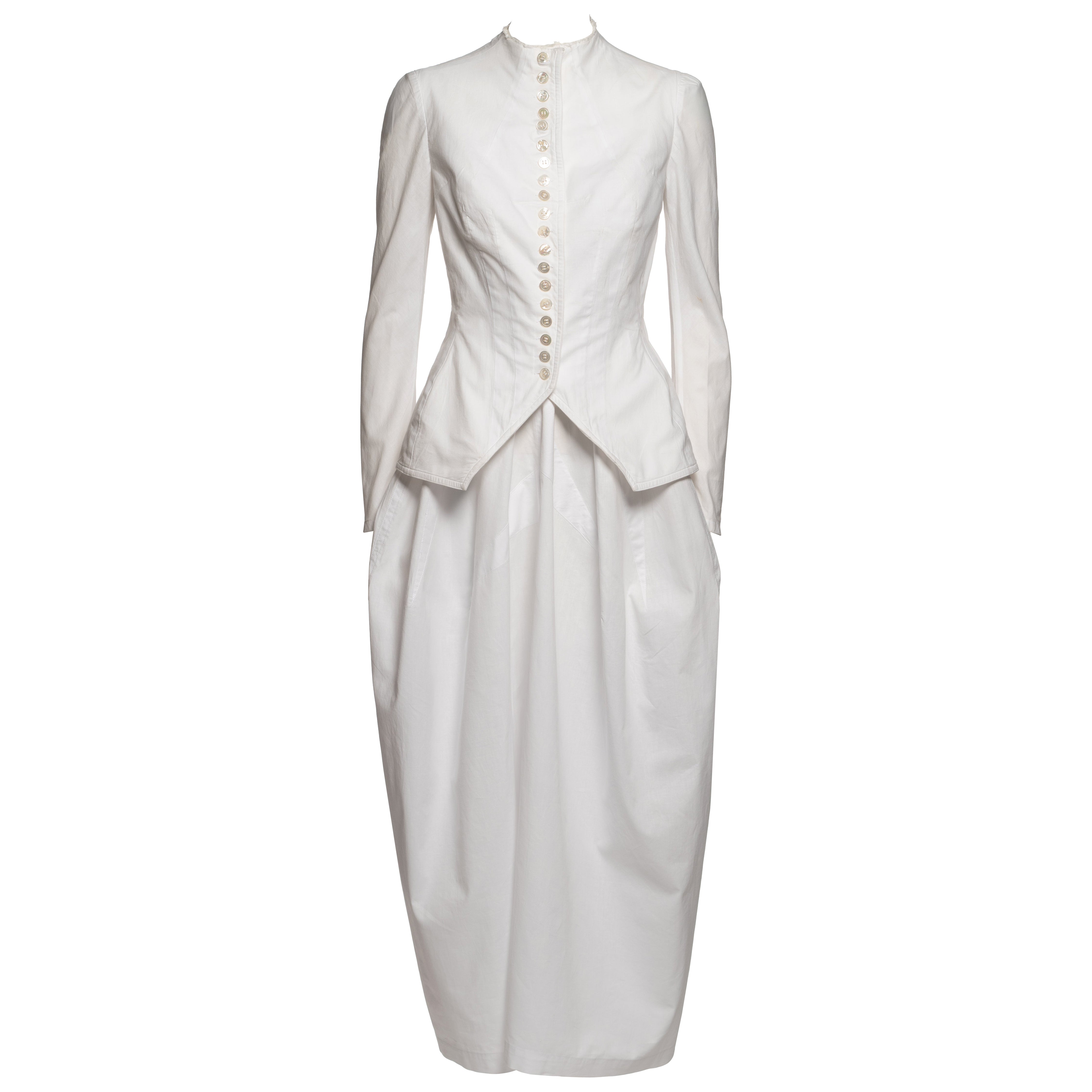 Yohji Yamamoto Tuta con peplo in cotone bianco e gonna a botte, SS 1998 in vendita