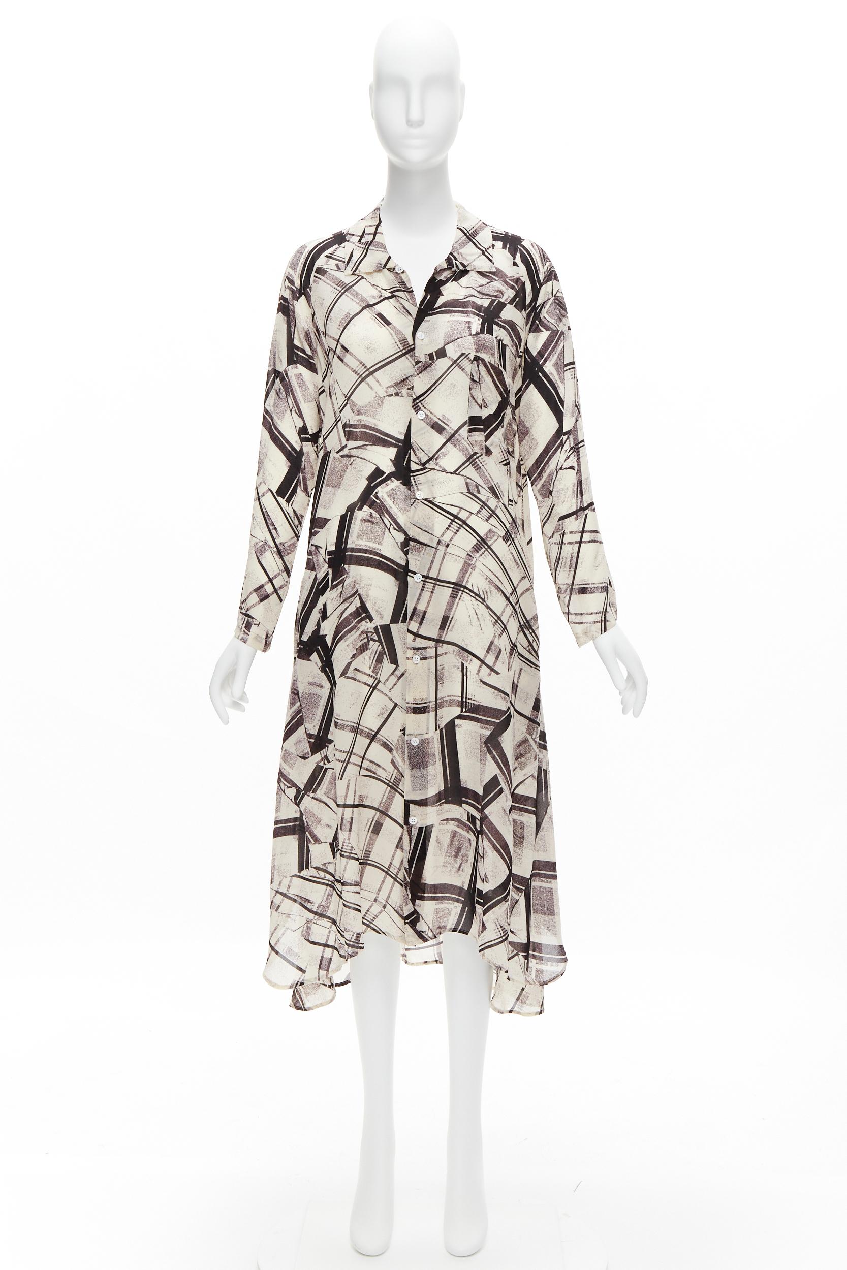 YOHJI YAMAMOTO Y'S abstract checked patchwork printed draped shirt dress JP1 S For Sale 5