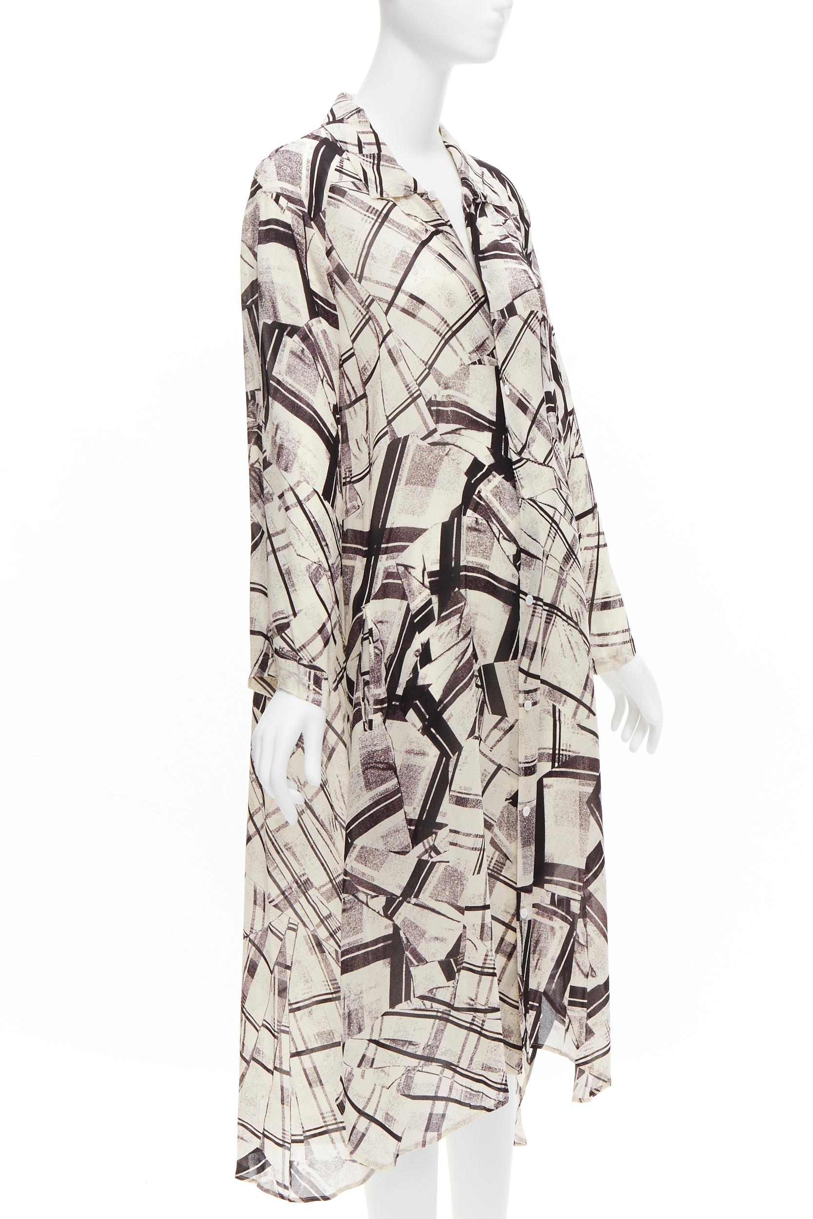 Gray YOHJI YAMAMOTO Y'S abstract checked patchwork printed draped shirt dress JP1 S For Sale