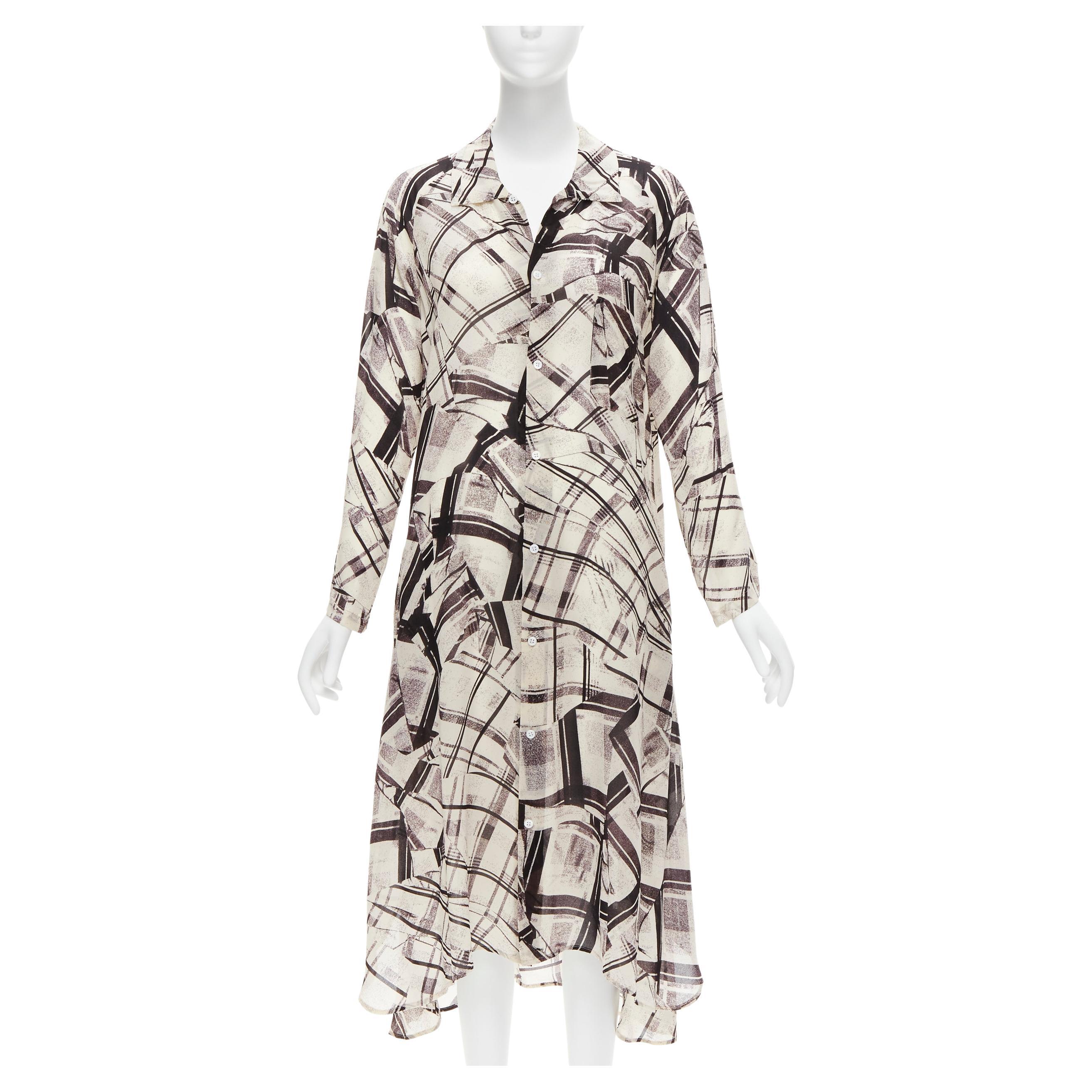 YOHJI YAMAMOTO Y'S abstract checked patchwork printed draped shirt dress JP1 S For Sale