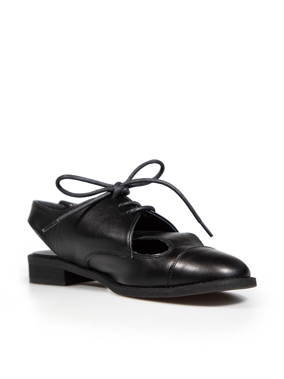CONDITION is Never worn. No visible wear to the shoes is evident on this new Yohji Yamamoto designer resale item.
 
 
 
 Details
 
 
 Black
 
 Leather
 
 Oxfords
 
 Adjustable slingback strap
 
 Front cut out detail
 
 Lace up fastening
 
 Almond
