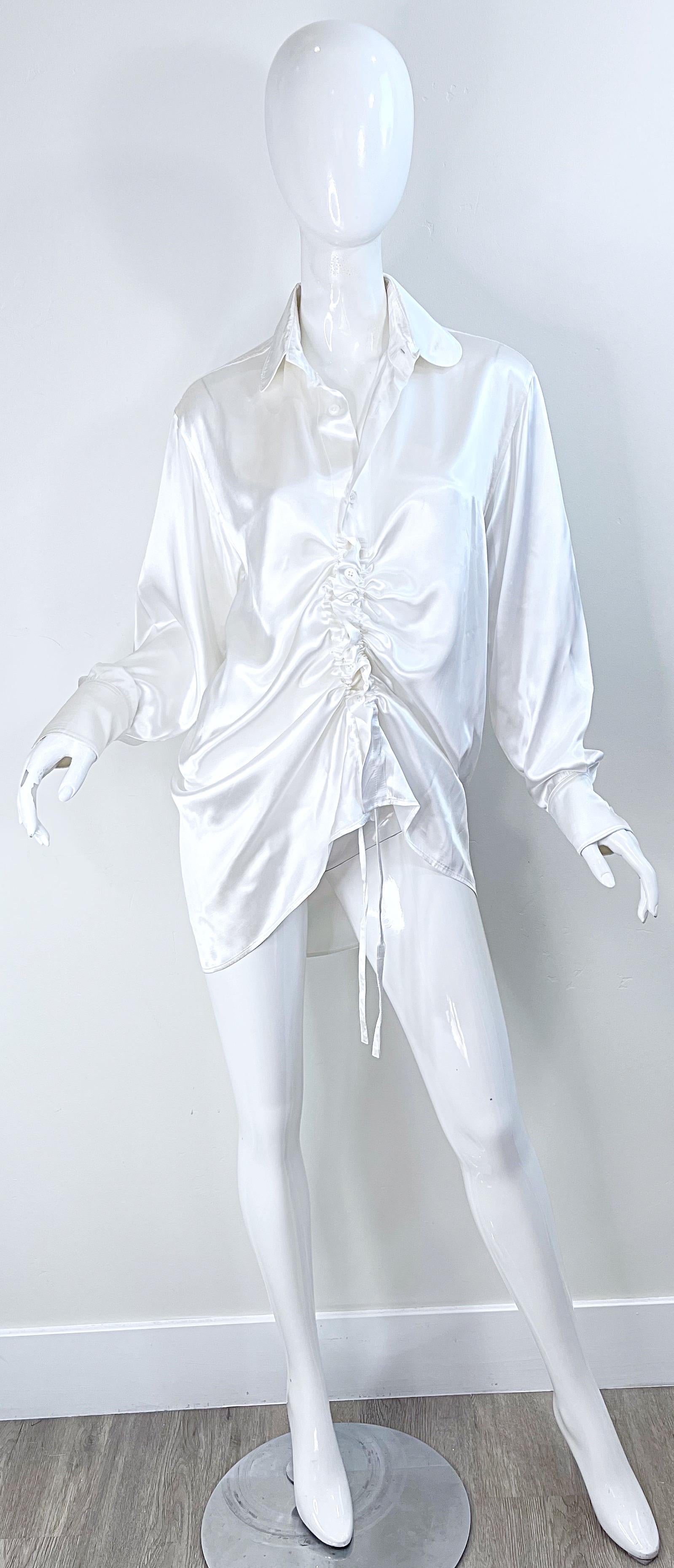 Yohji Yamamoto Y’s Spring 2004 Runway Size XL 4 White Rayon Drawstring Blouse  In Excellent Condition For Sale In San Diego, CA