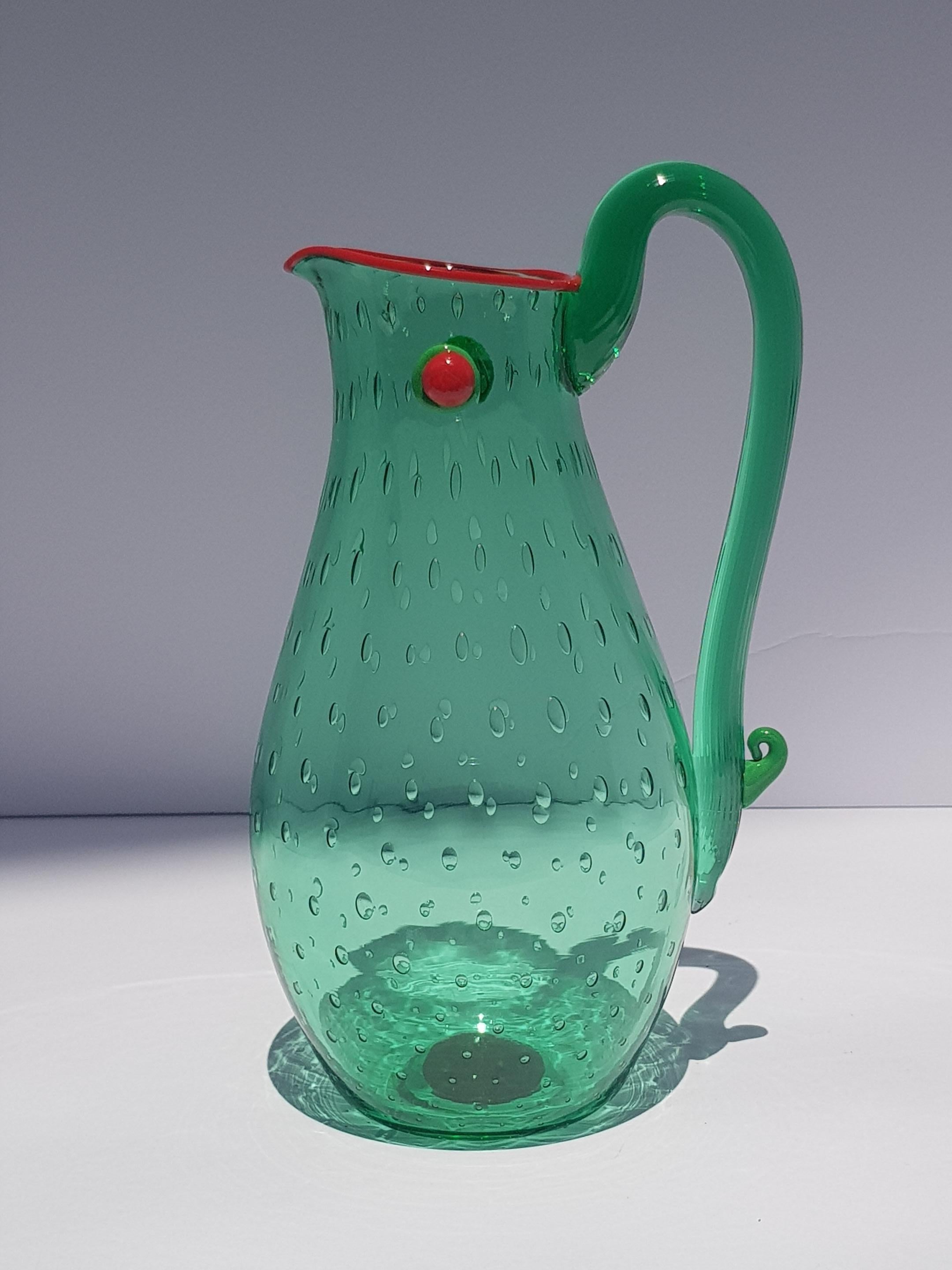 Yoichi Ohira Art Glass Artwork Vessle Vase Pitcher Ewer Murano Glass Emerald Red For Sale 3