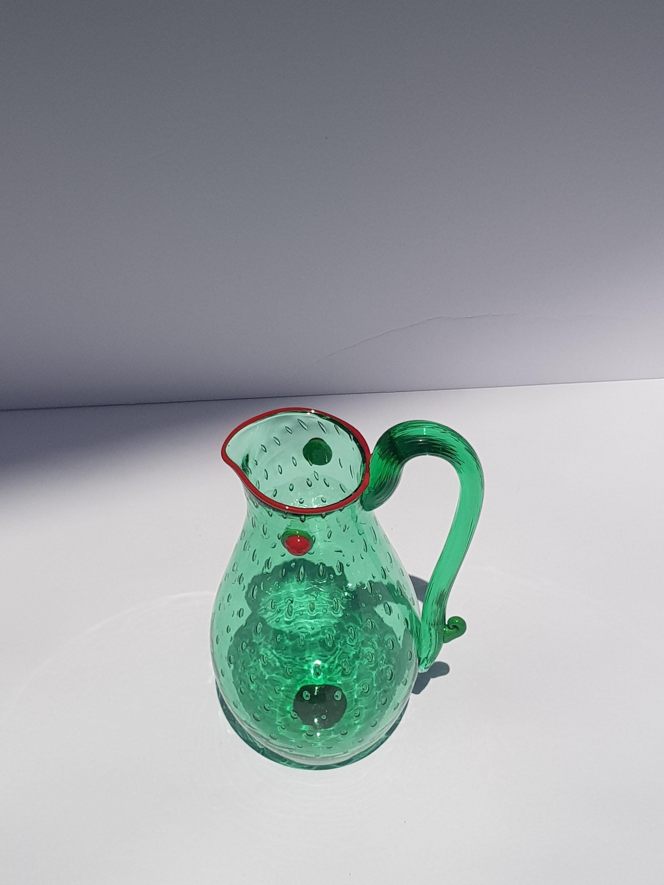 Yoichi Ohira Art Glass Artwork Vessle Vase Pitcher Ewer Murano Glass Emerald Red For Sale 4