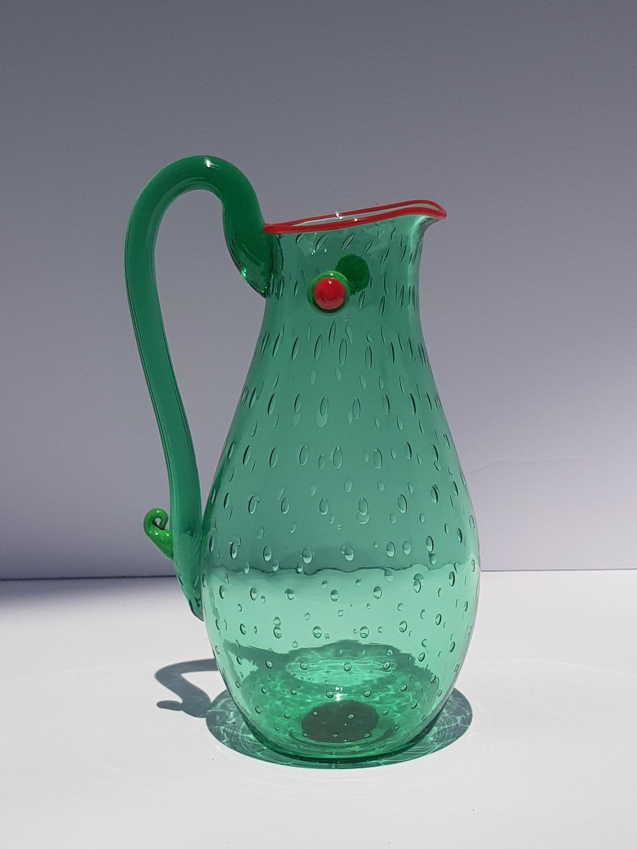 Yoichi Ohira Art Glass Artwork Vessle Vase Pitcher Ewer Murano Glass Emerald Red For Sale 9