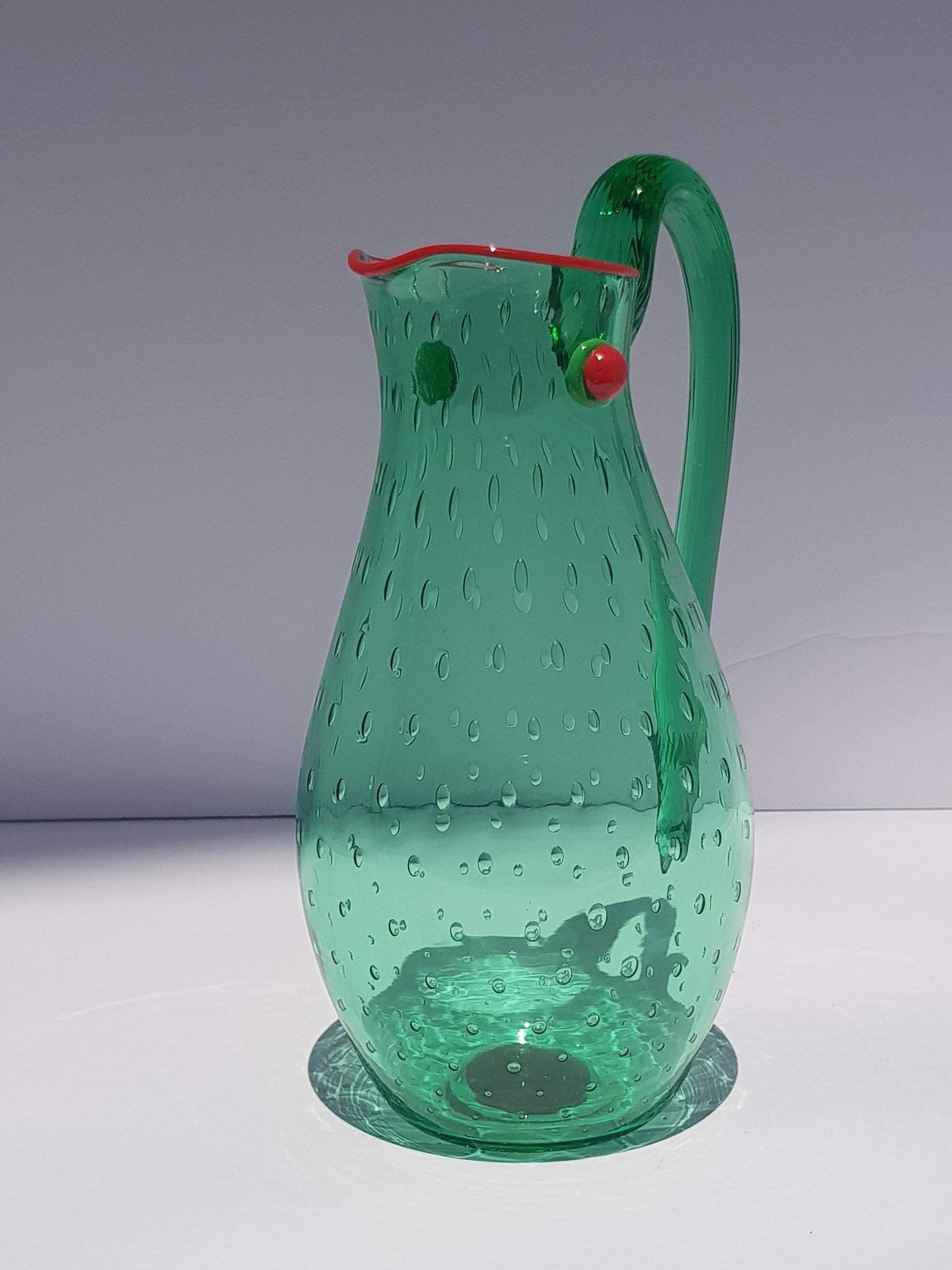 Yoichi Ohira Art Glass Artwork Vessle Vase Pitcher Ewer Murano Glass Emerald Red For Sale 10
