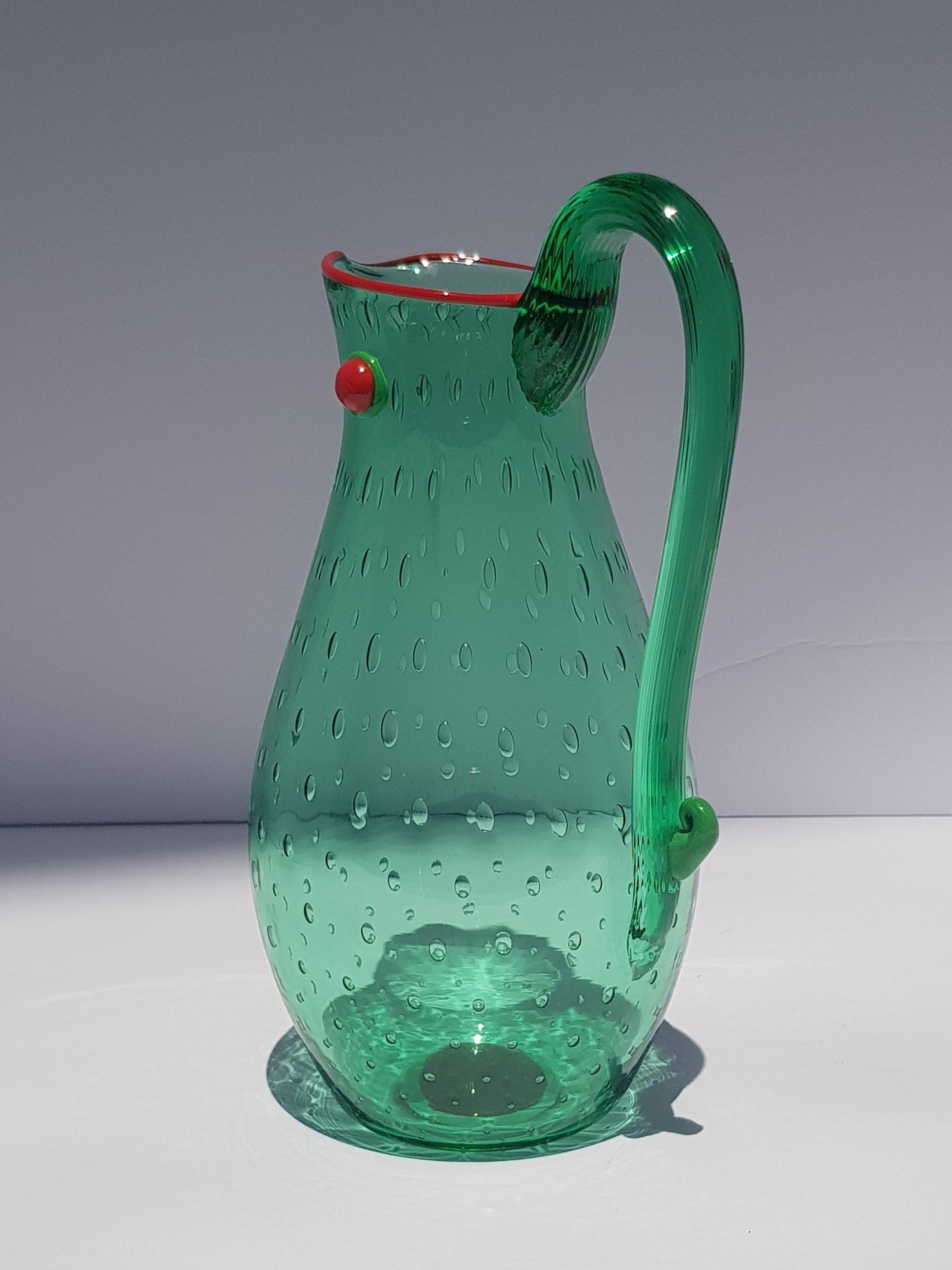 Yoichi Ohira Art Glass Artwork Vessle Vase Pitcher Ewer Murano Glass Emerald Red For Sale 11