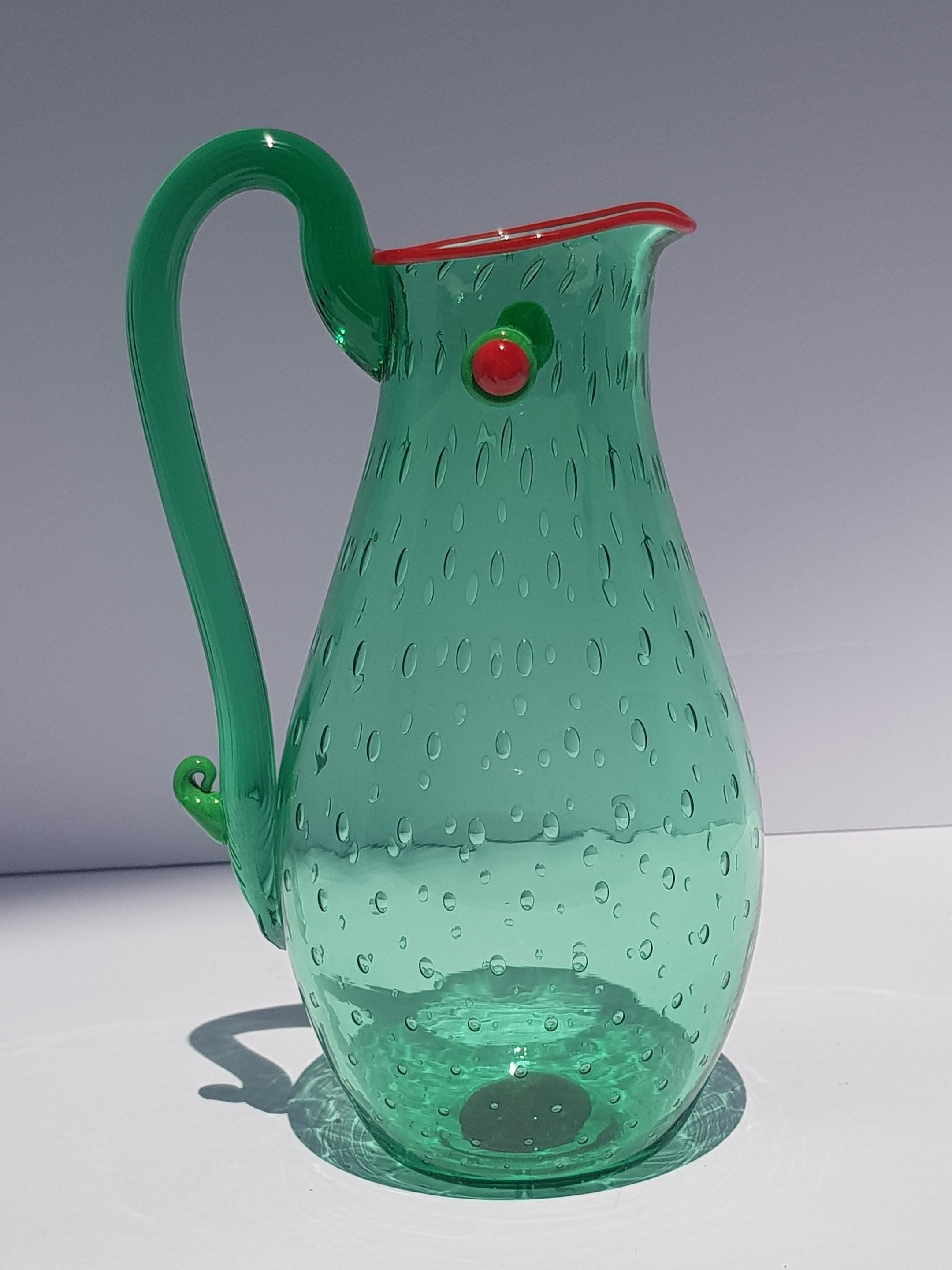 Modern Yoichi Ohira Art Glass Artwork Vessle Vase Pitcher Ewer Murano Glass Emerald Red For Sale