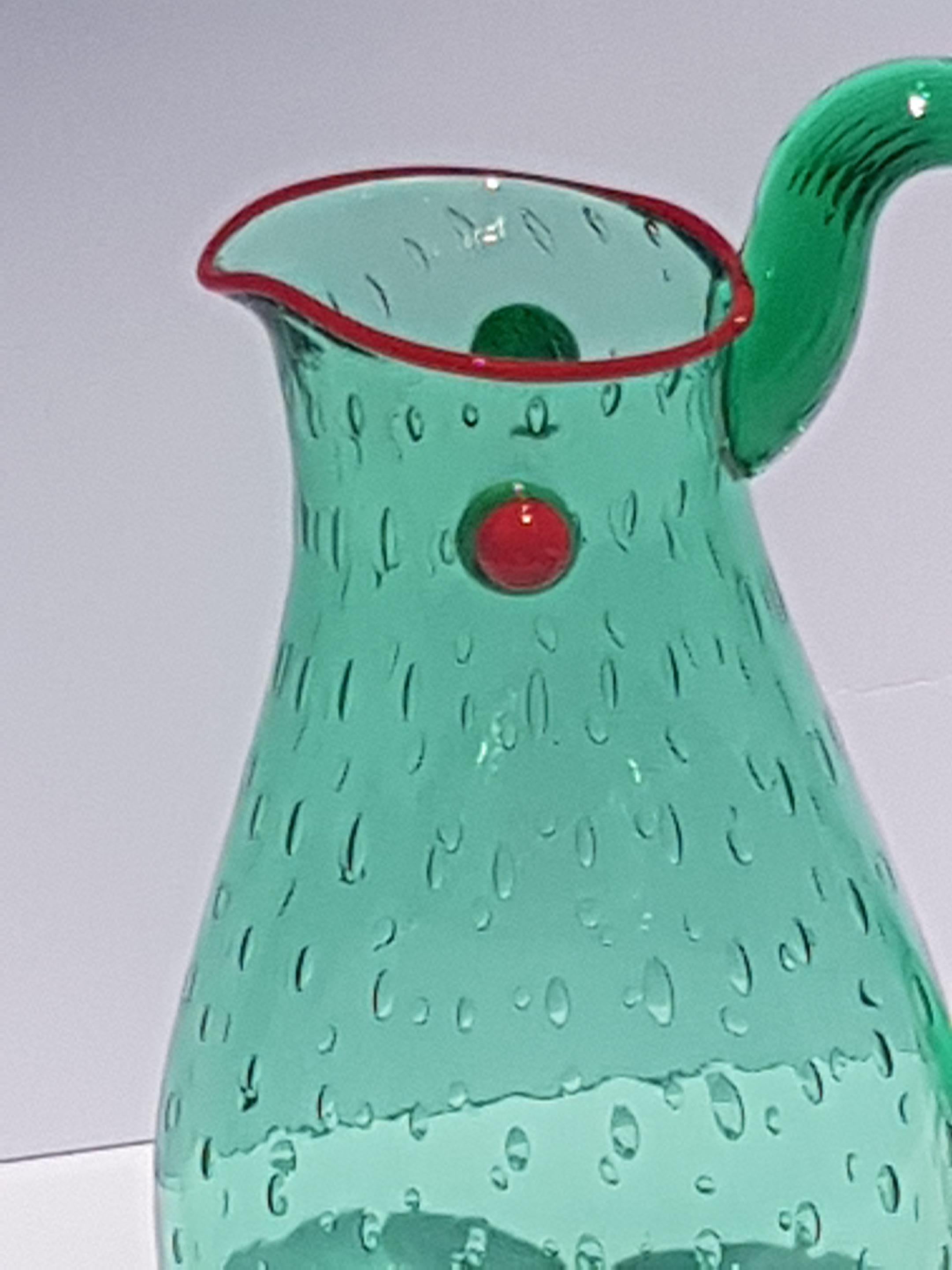 Italian Yoichi Ohira Art Glass Artwork Vessle Vase Pitcher Ewer Murano Glass Emerald Red For Sale