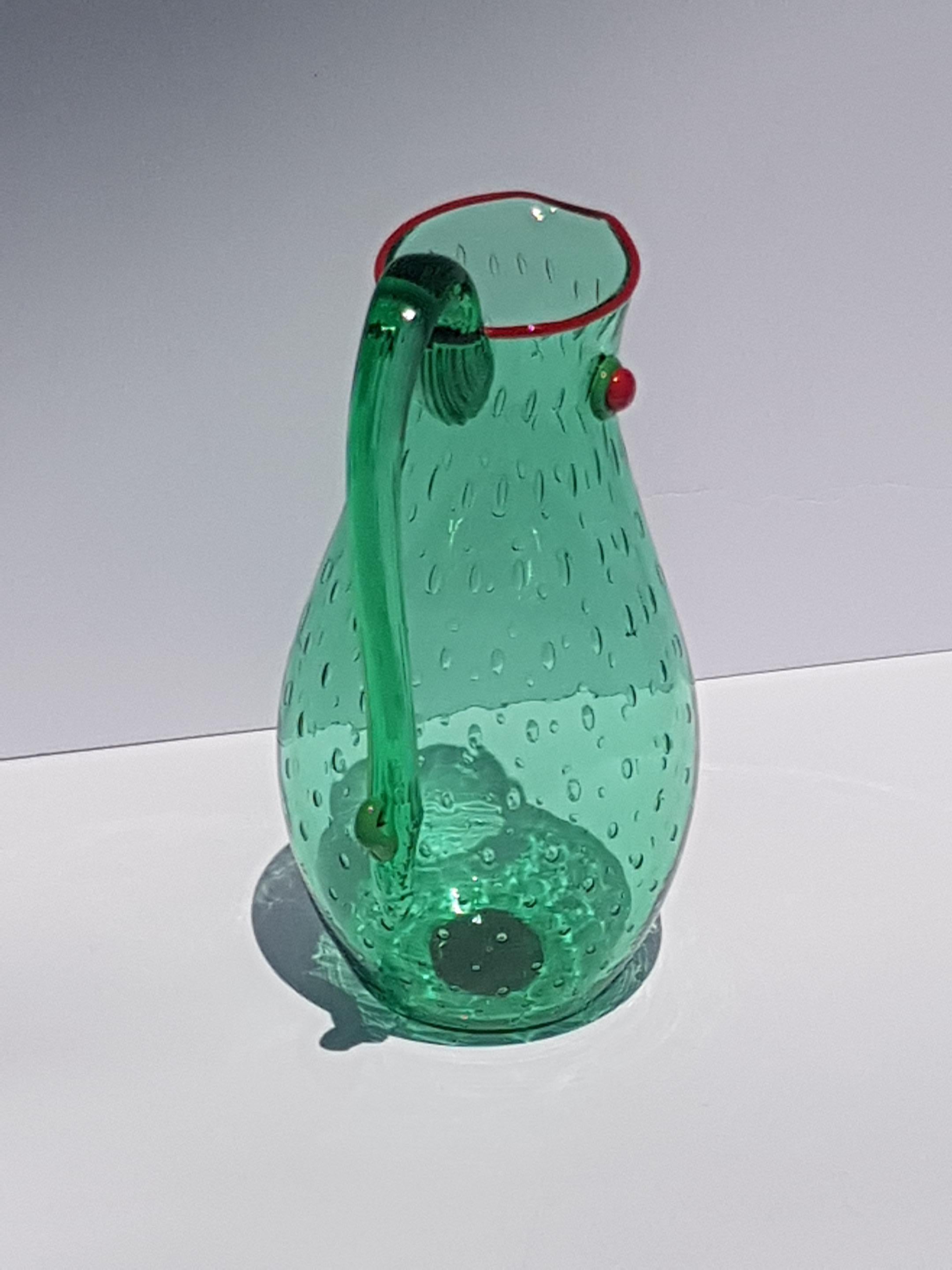 Hand-Crafted Yoichi Ohira Art Glass Artwork Vessle Vase Pitcher Ewer Murano Glass Emerald Red For Sale