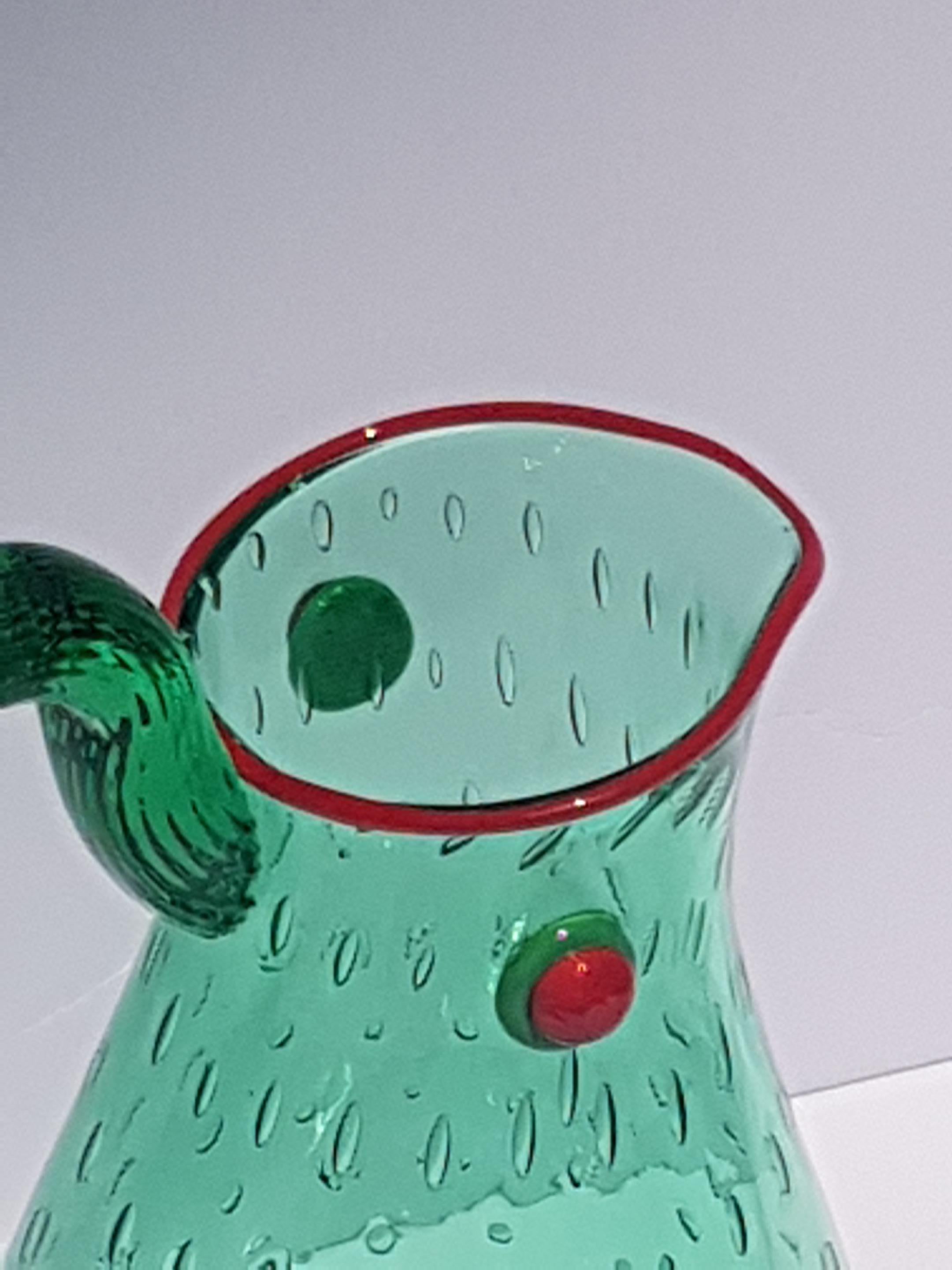 Yoichi Ohira Art Glass Artwork Vessle Vase Pitcher Ewer Murano Glass Emerald Red In Excellent Condition For Sale In Palm Beach, FL