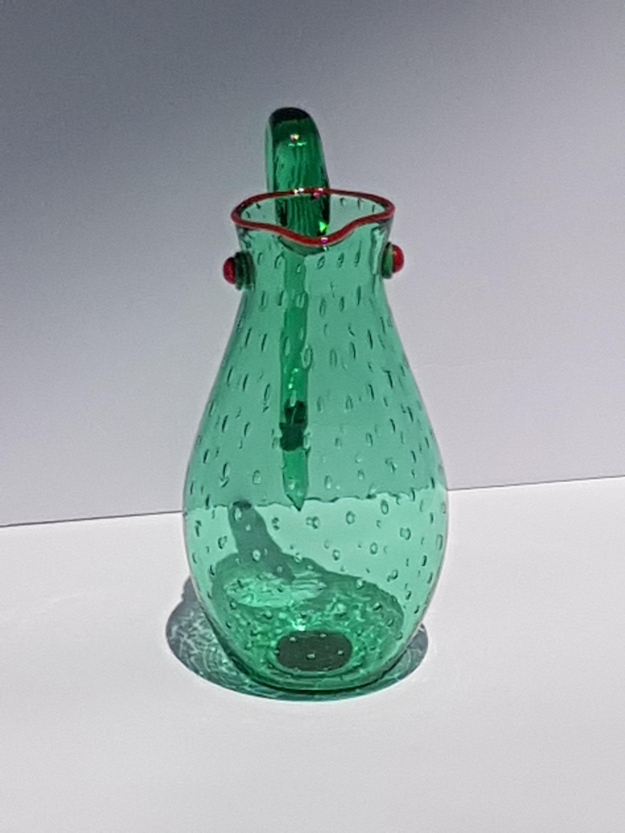 Late 20th Century Yoichi Ohira Art Glass Artwork Vessle Vase Pitcher Ewer Murano Glass Emerald Red For Sale