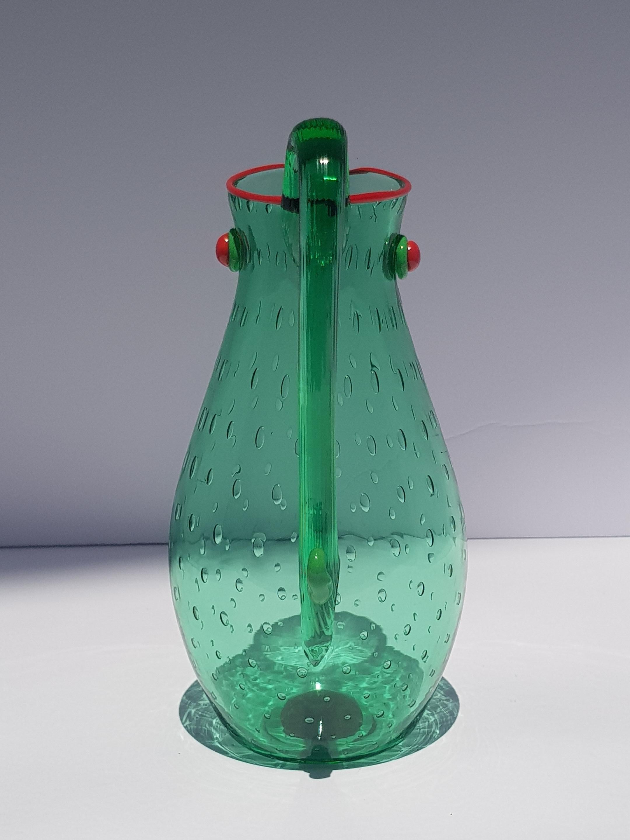 Yoichi Ohira Art Glass Artwork Vessle Vase Pitcher Ewer Murano Glass Emerald Red For Sale 2