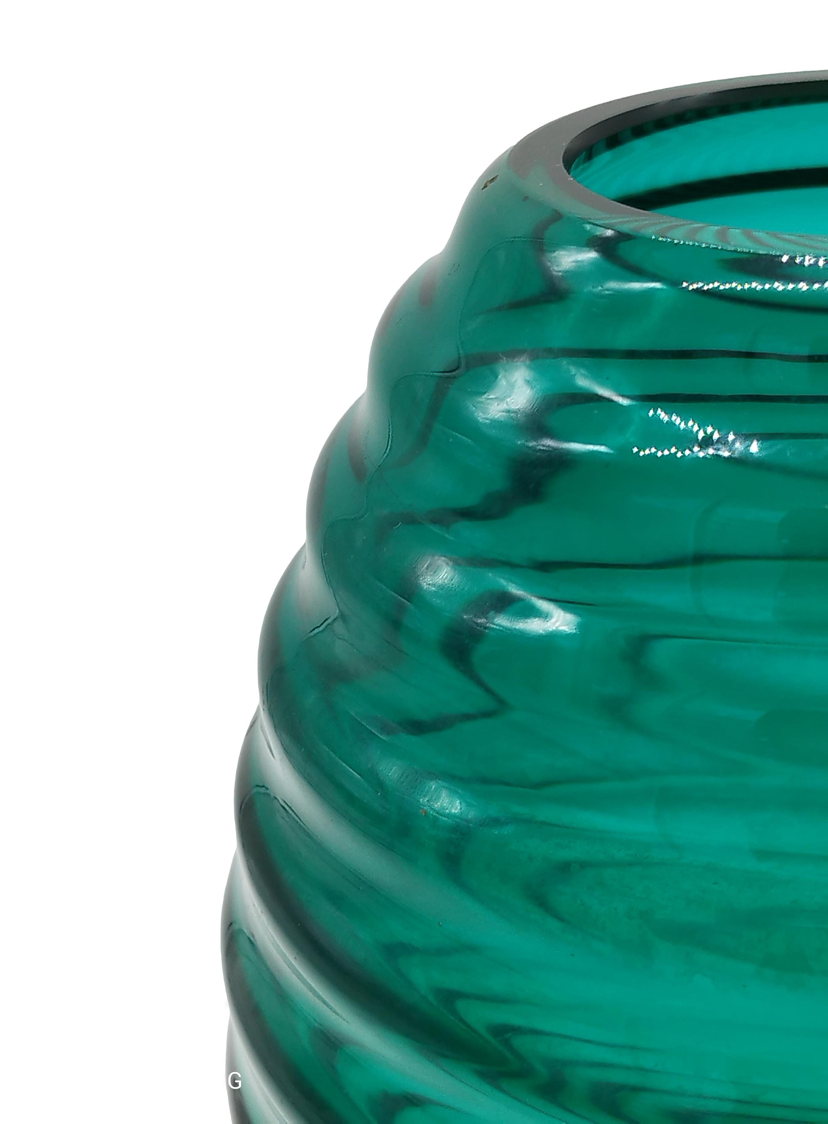 Mid-Century Modern Yoichi Ohira for Vetreria De Majo Green Glass Vase, Italy 1989