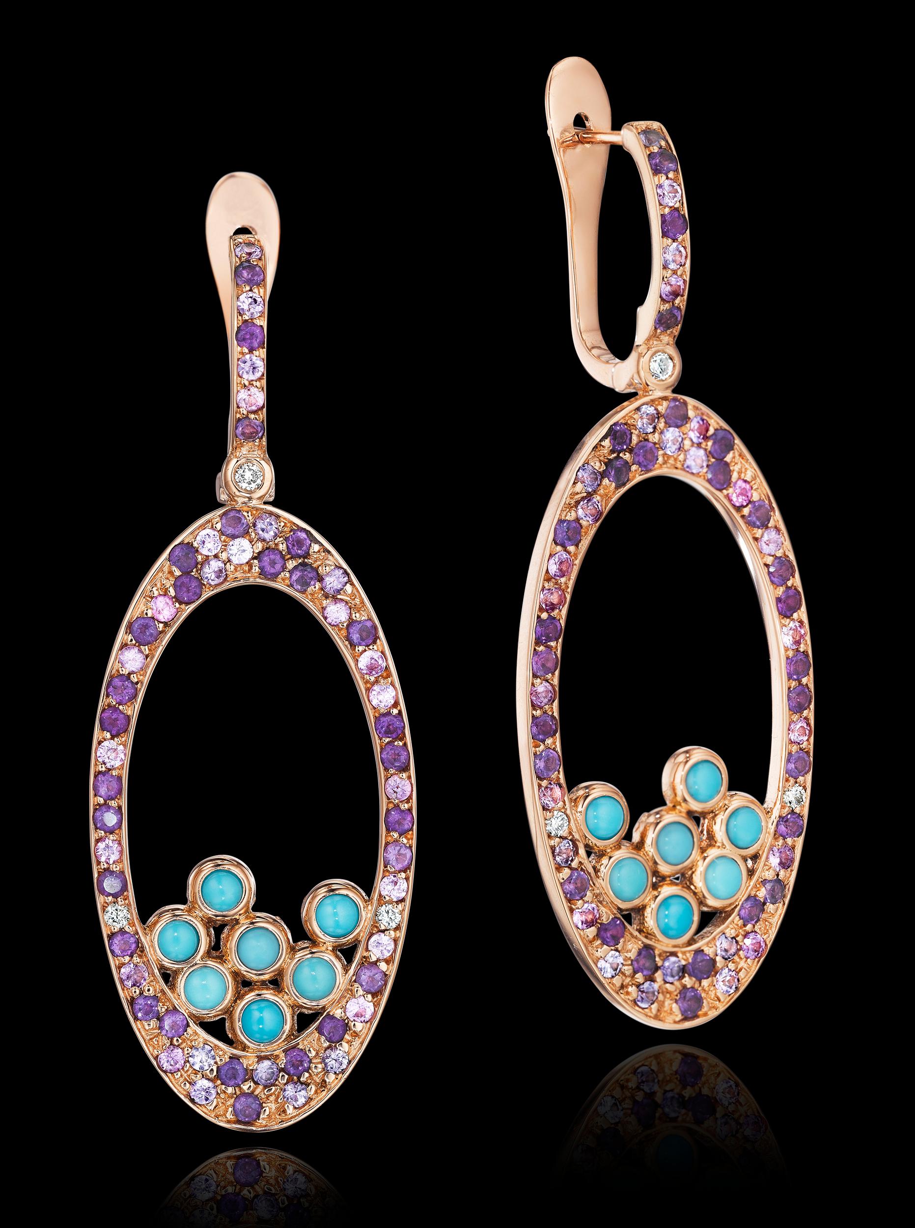 One-of-a-kind YOKI design, features Amethyst, Pink Sapphires, Turquoise and Diamonds. 

Earrings are set on 18 karat Rose gold, 

Turquoise: 3mm x 3mm, 14 Turquoise, 1.8 cts. (approx.)

Side stones: 56 Amethysts 1.6cts,  56 light Pink Sapphires