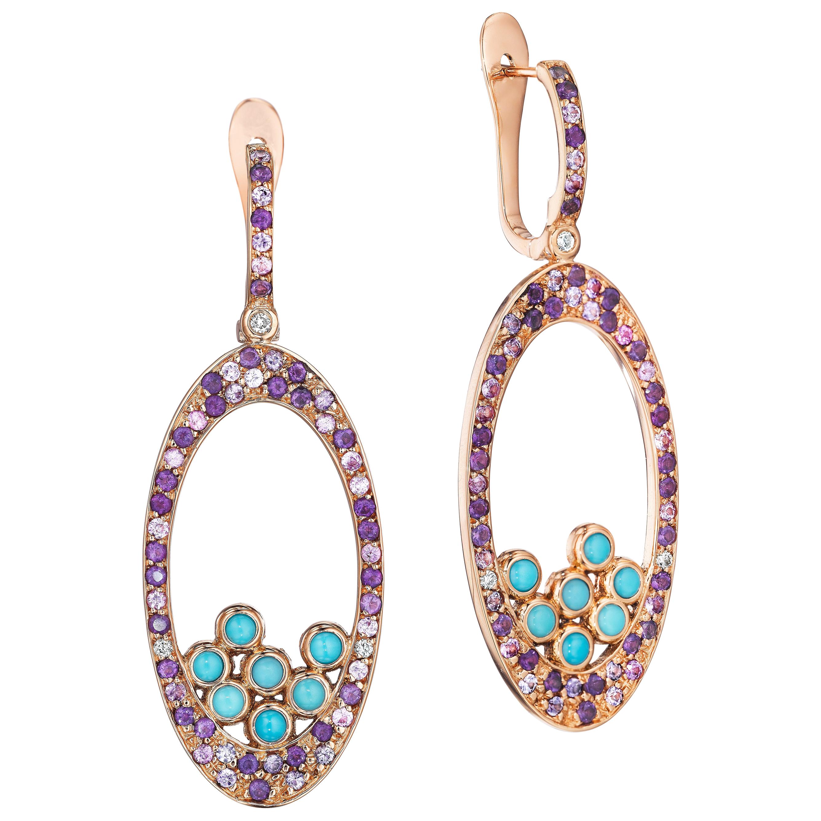 Yoki Amethyst Turquoise Sapphire Diamond Rose Gold Drop Earring For Sale