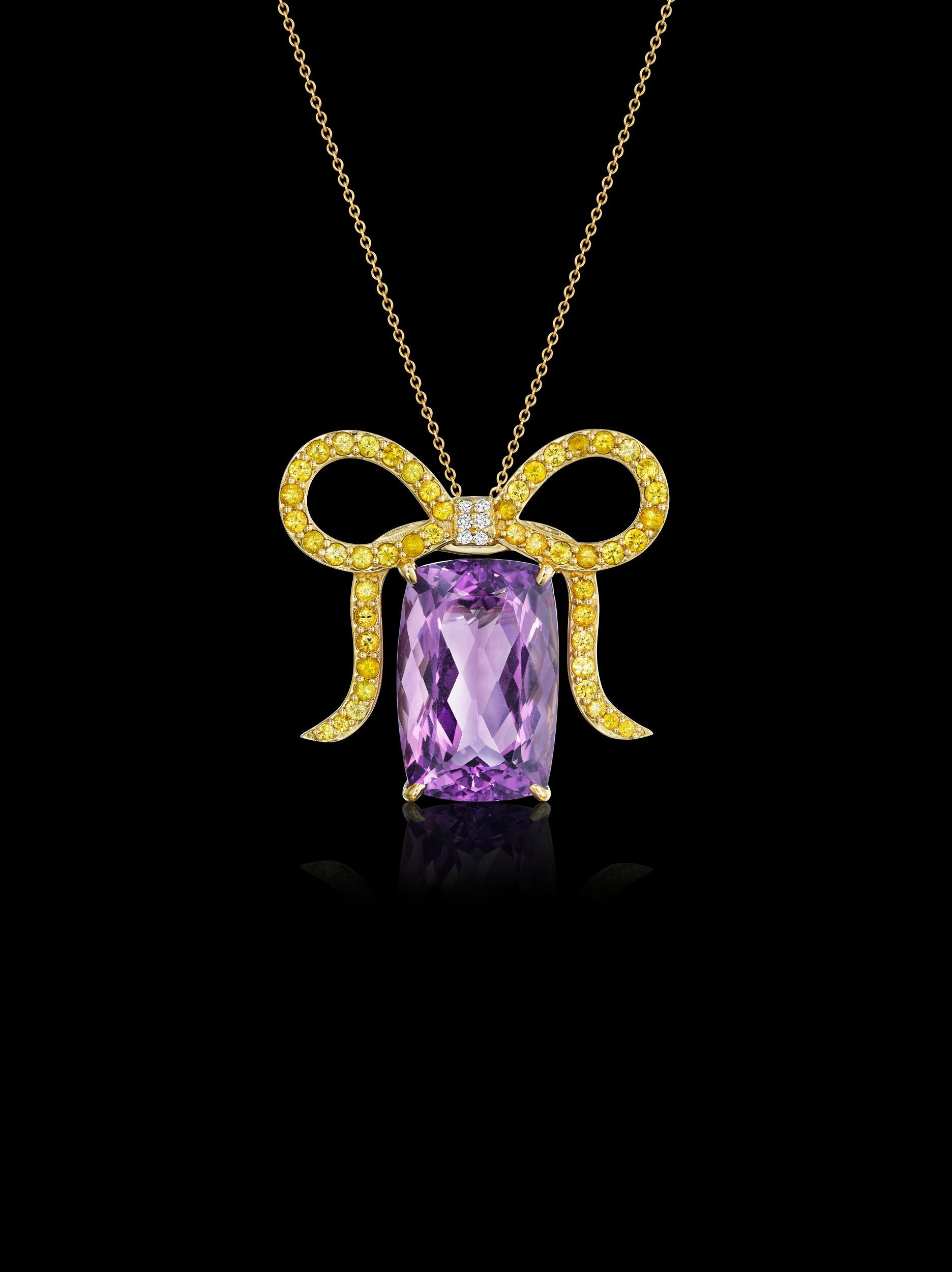 Yoki Amethyst, Yellow Sapphire, Diamond Yellow Gold Brooch-Pendant In New Condition For Sale In Annandale, VA