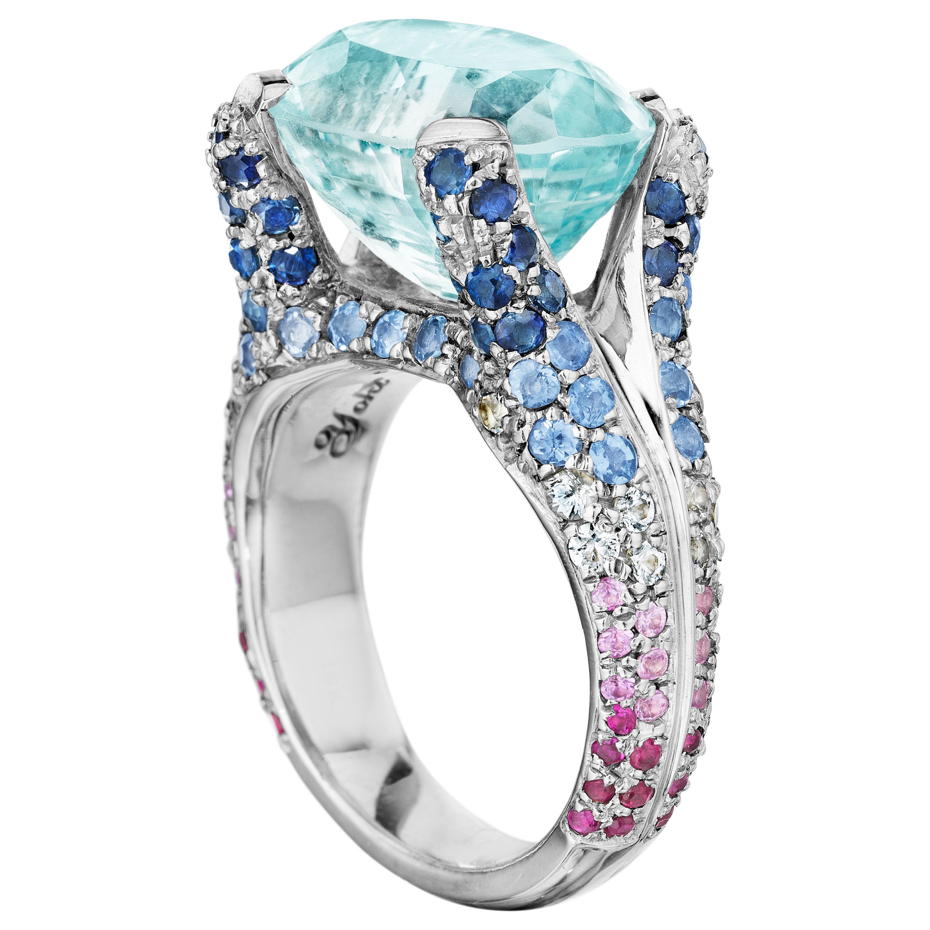 Yoki Aquamarine with Pink, Blue, and White Sapphire White Gold Ring For Sale