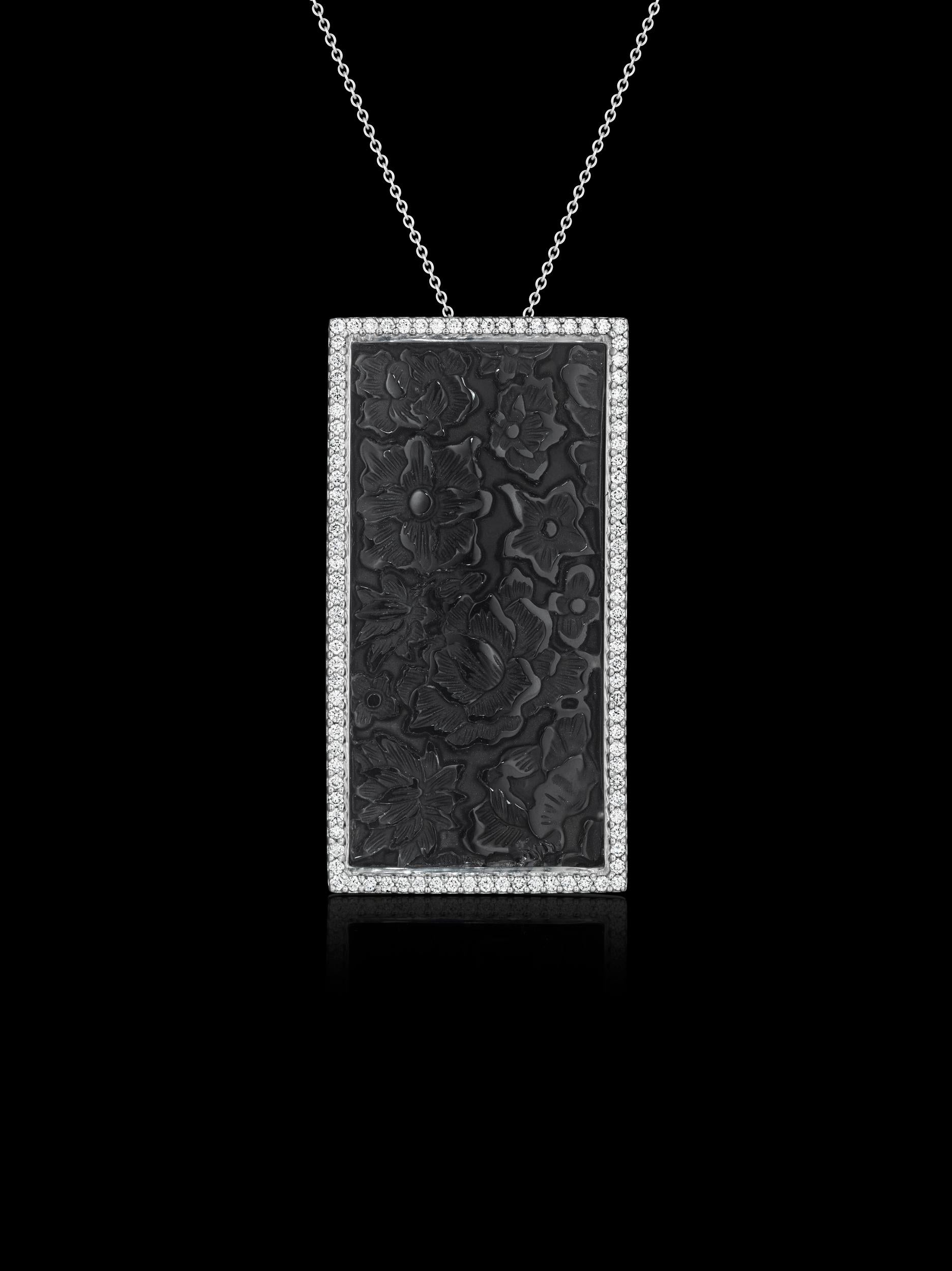 Contemporary Yoki Carved Onyx Diamond White Gold Brooch-Pendant For Sale