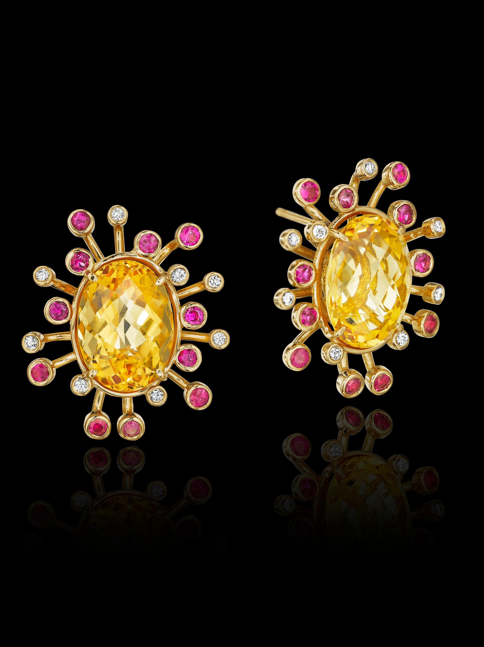 One-of-a-kind YOKI design, this pair of earring features Citrine, Pink Sapphires and Diamonds. From Pure Life Series 4 Collection, inspired by eucalyptus flower buds, statement earrings set in 18k yellow gold. 

Center Stones total carats, each