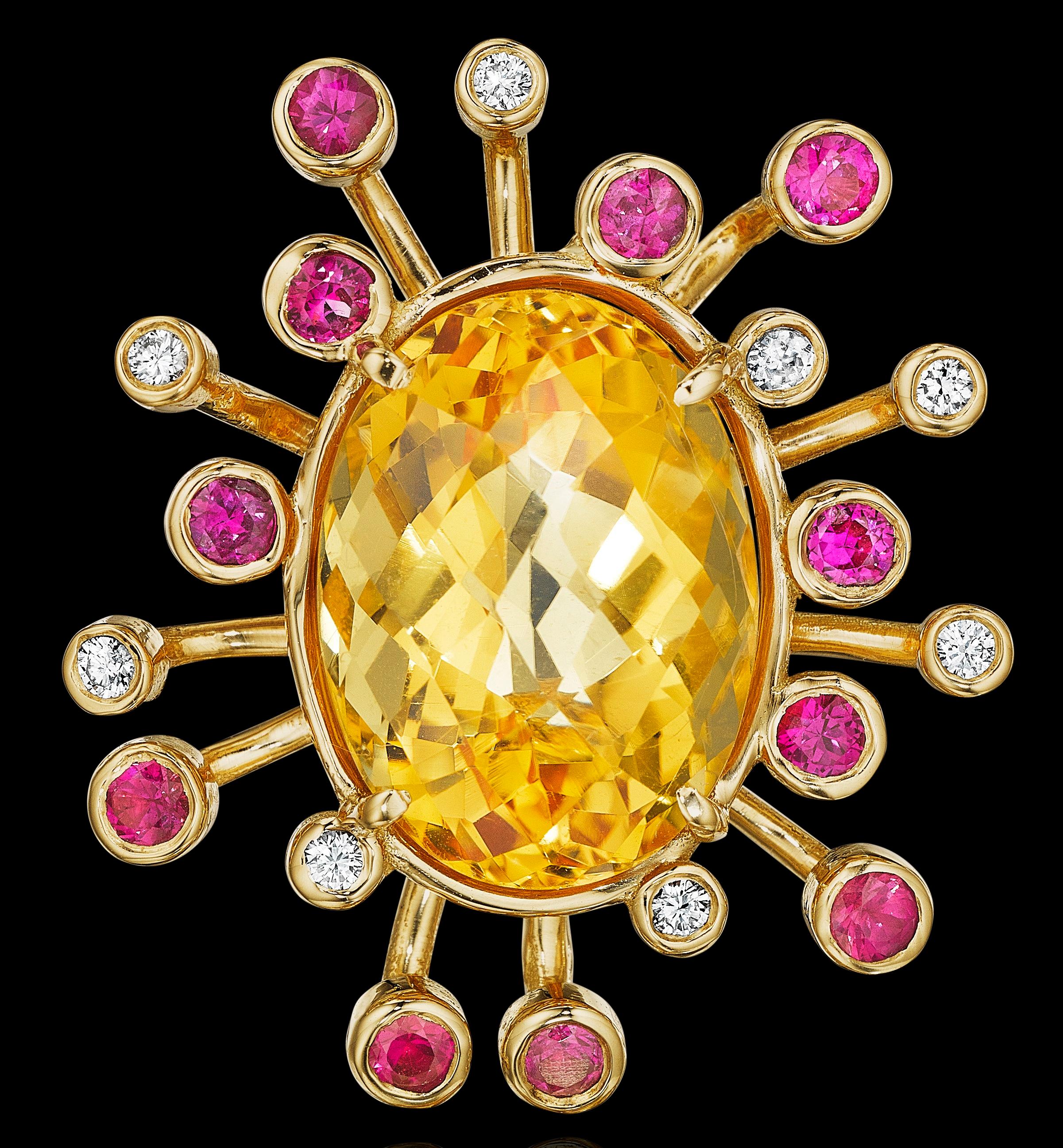Contemporary Yoki Citrine Pink Sapphire Diamond Yellow Gold Stud Earring