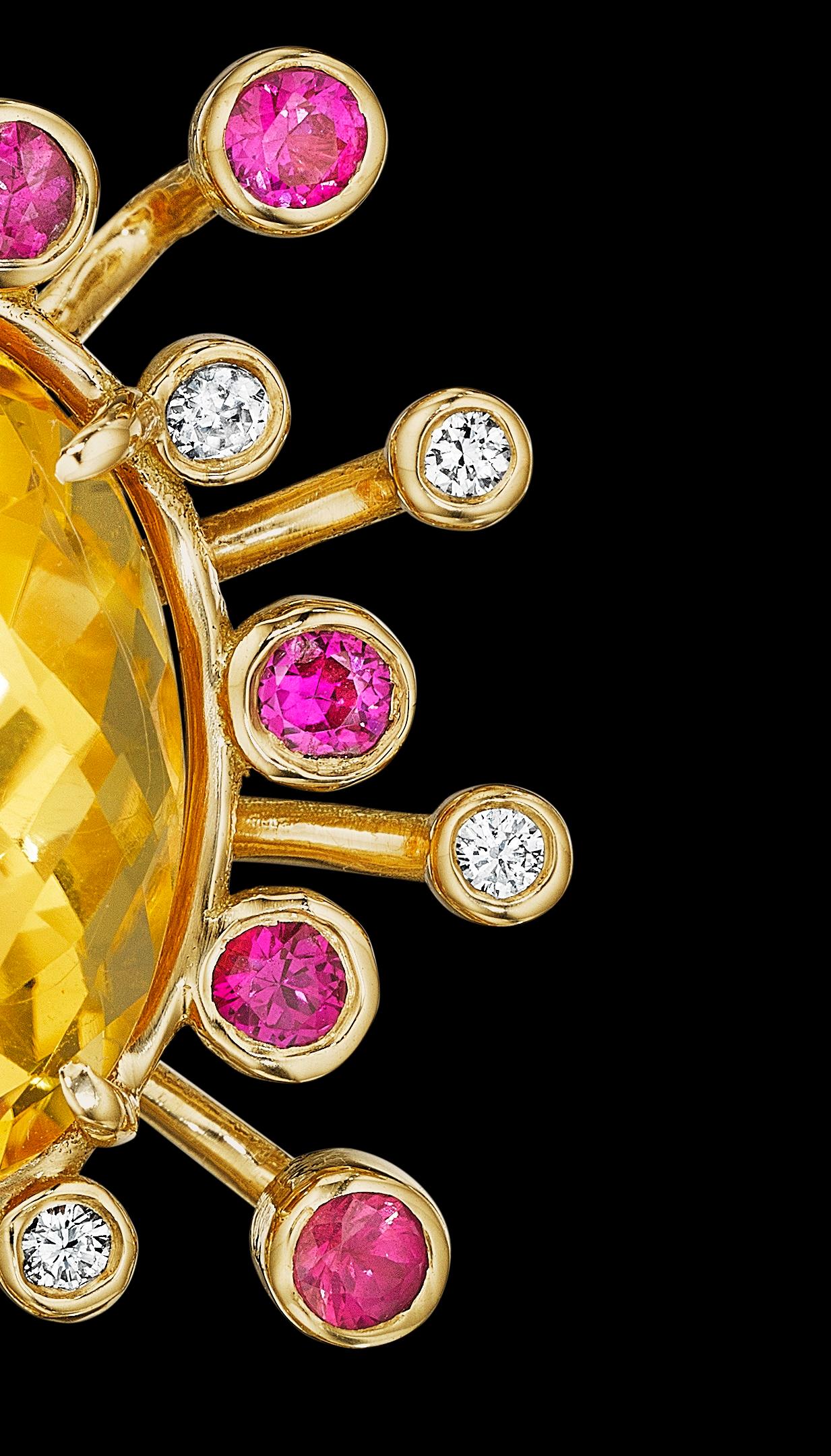 Yoki Citrine Pink Sapphire Diamond Yellow Gold Stud Earring In New Condition In Annandale, VA