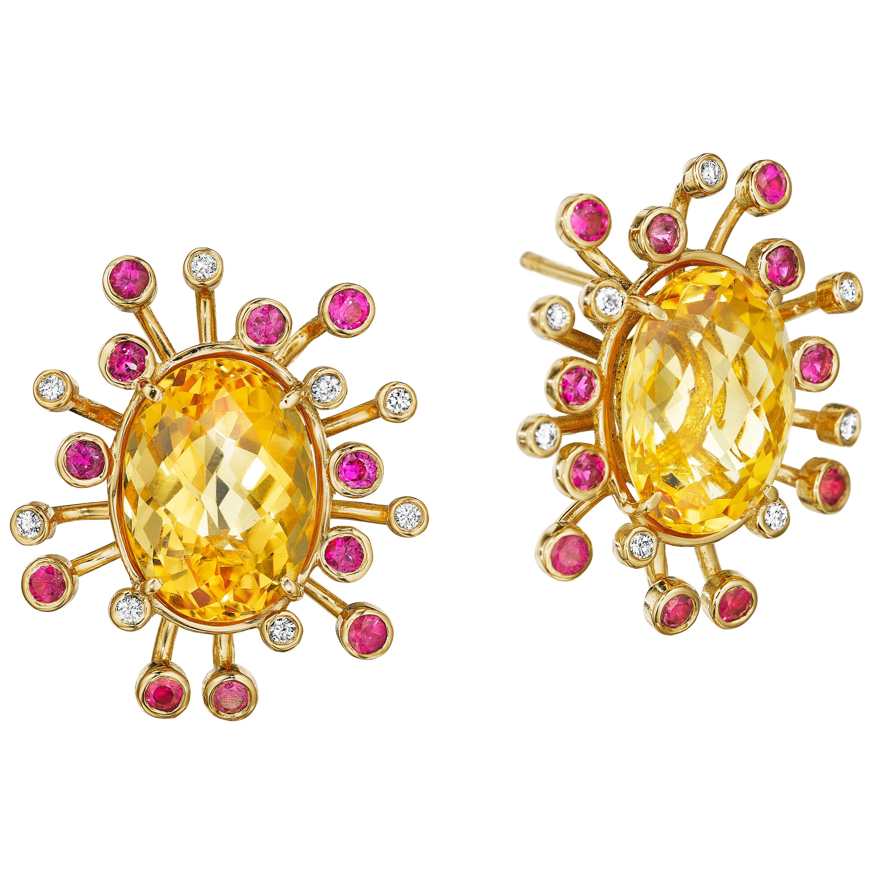 Yoki Citrine Pink Sapphire Diamond Yellow Gold Stud Earring