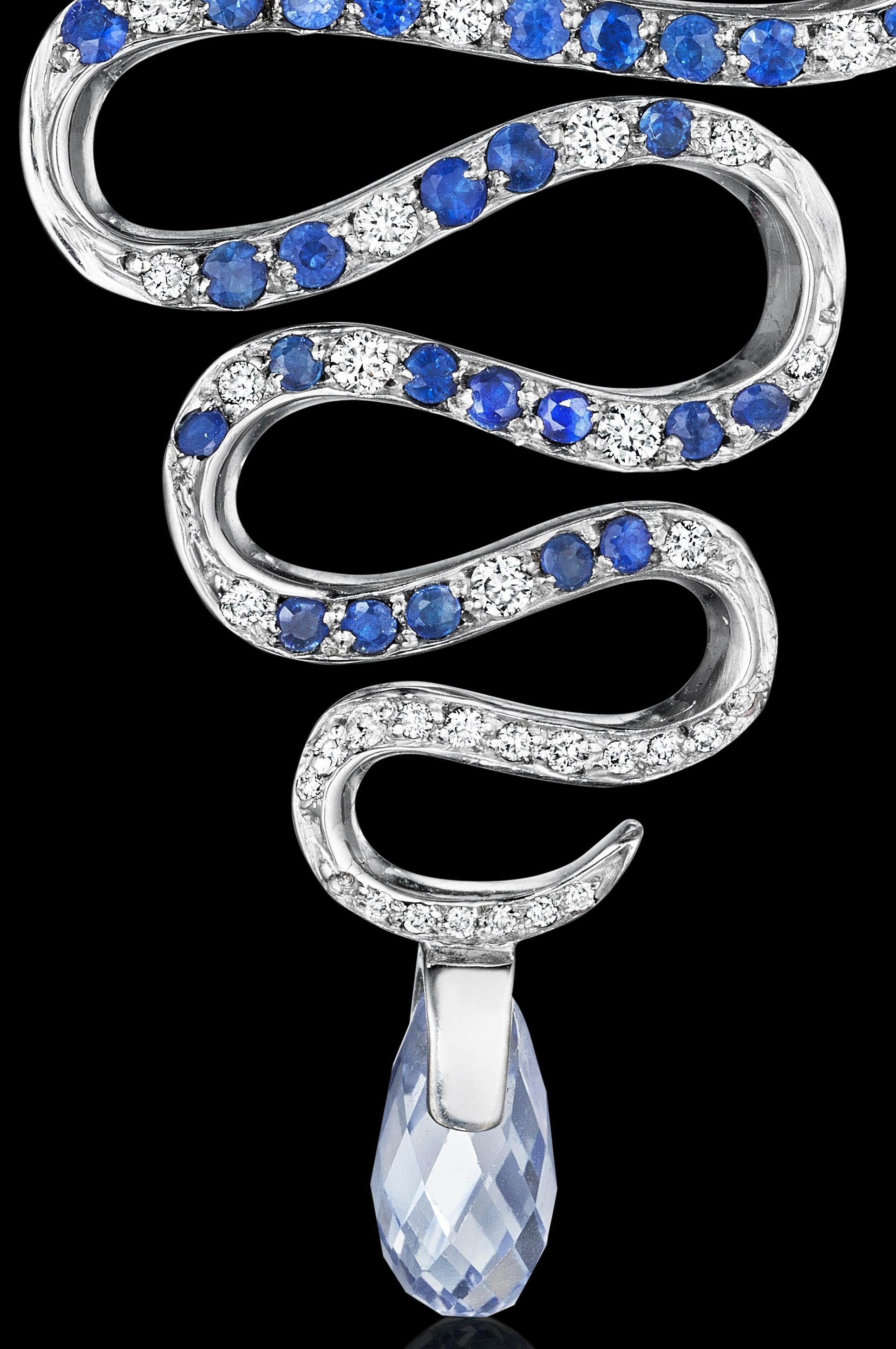 Women's or Men's Yoki Diamond Blue Sapphire White Gold Brooch-Pendant For Sale