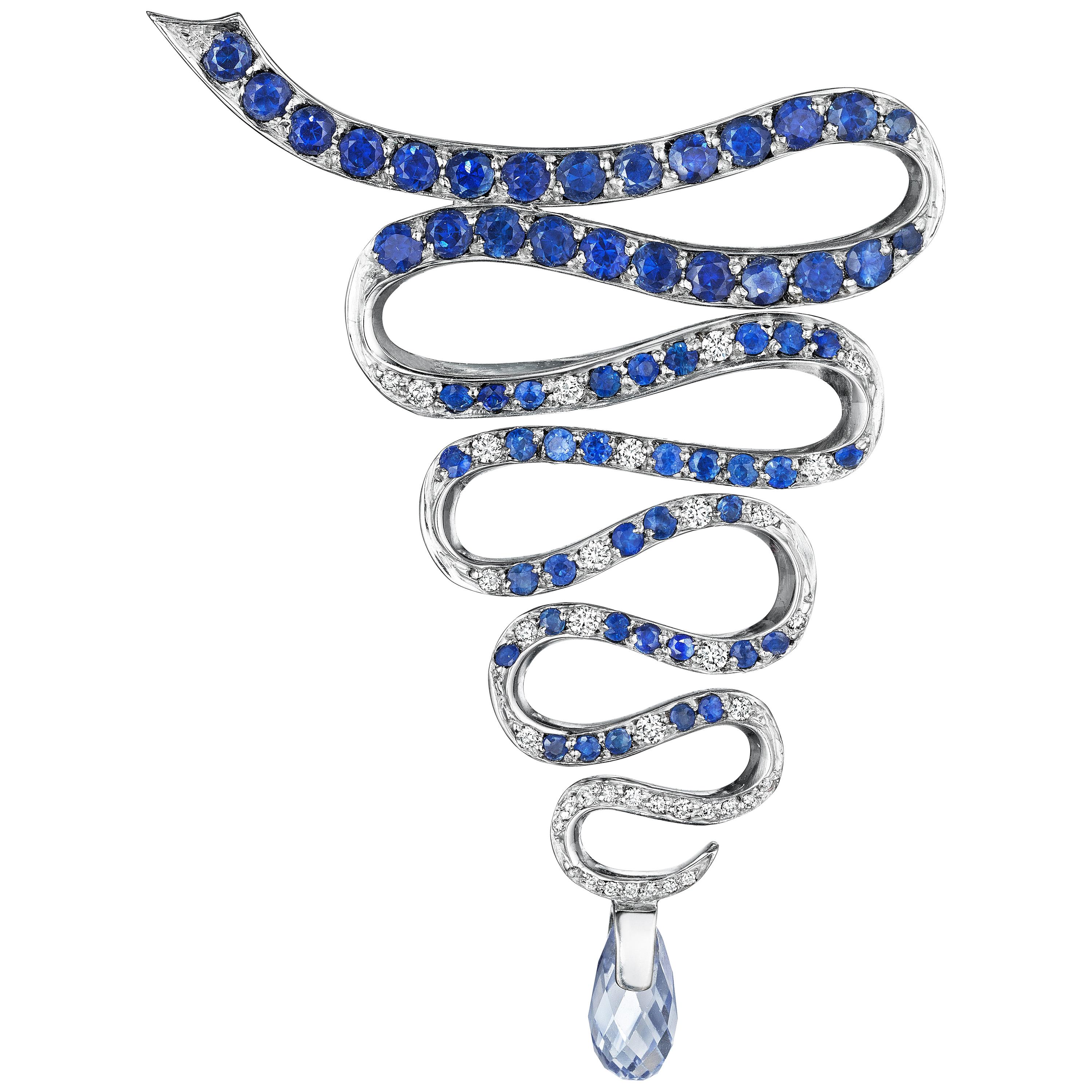 Yoki Diamond Blue Sapphire White Gold Brooch-Pendant For Sale