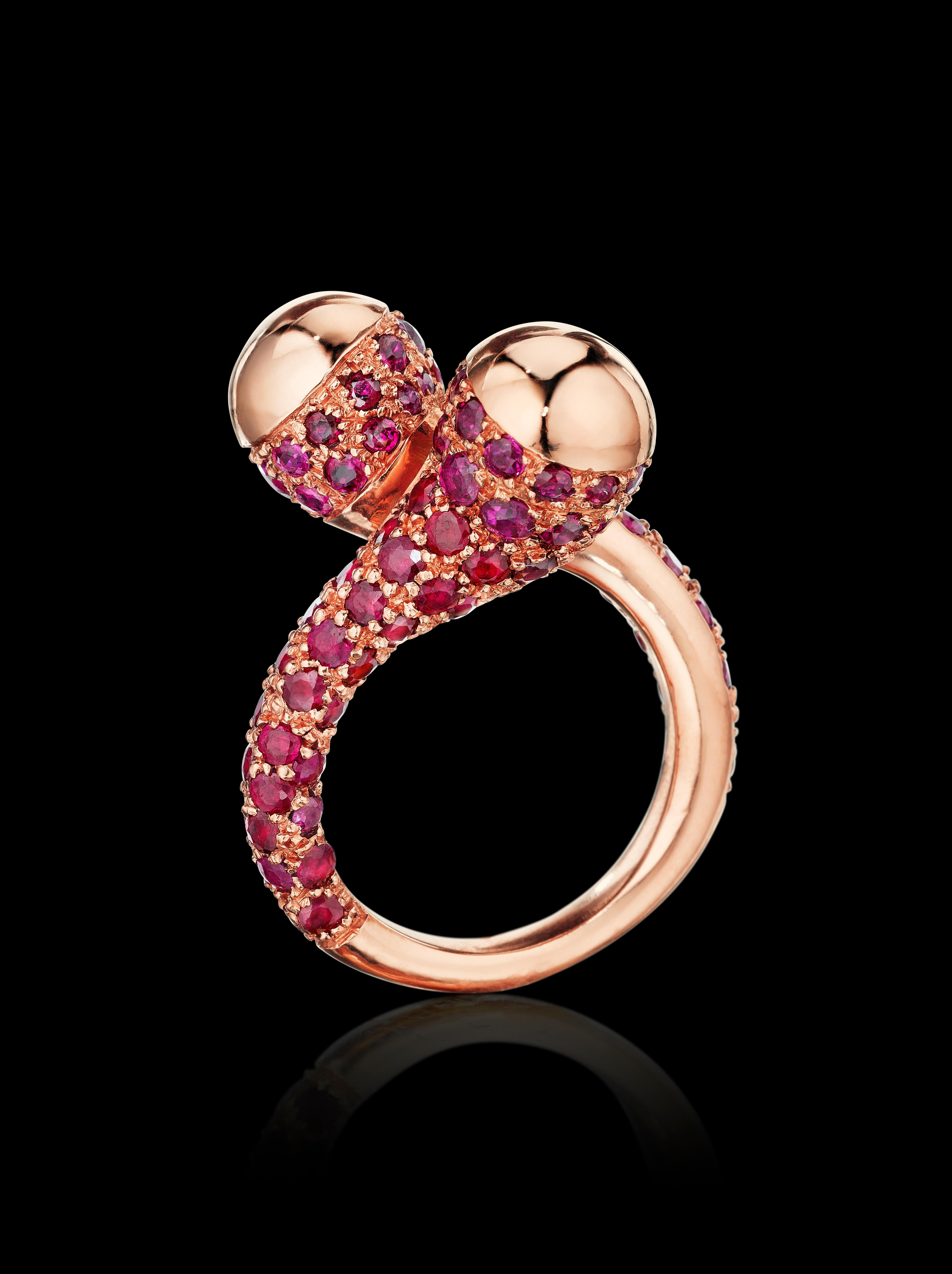 Contemporary Yoki Double Bypass Ruby Rose Gold Ring For Sale