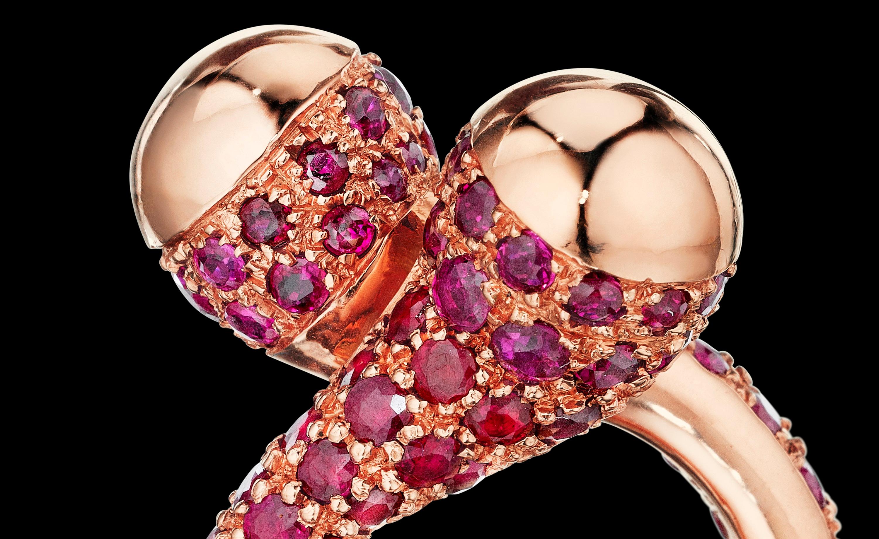 Round Cut Yoki Double Bypass Ruby Rose Gold Ring For Sale