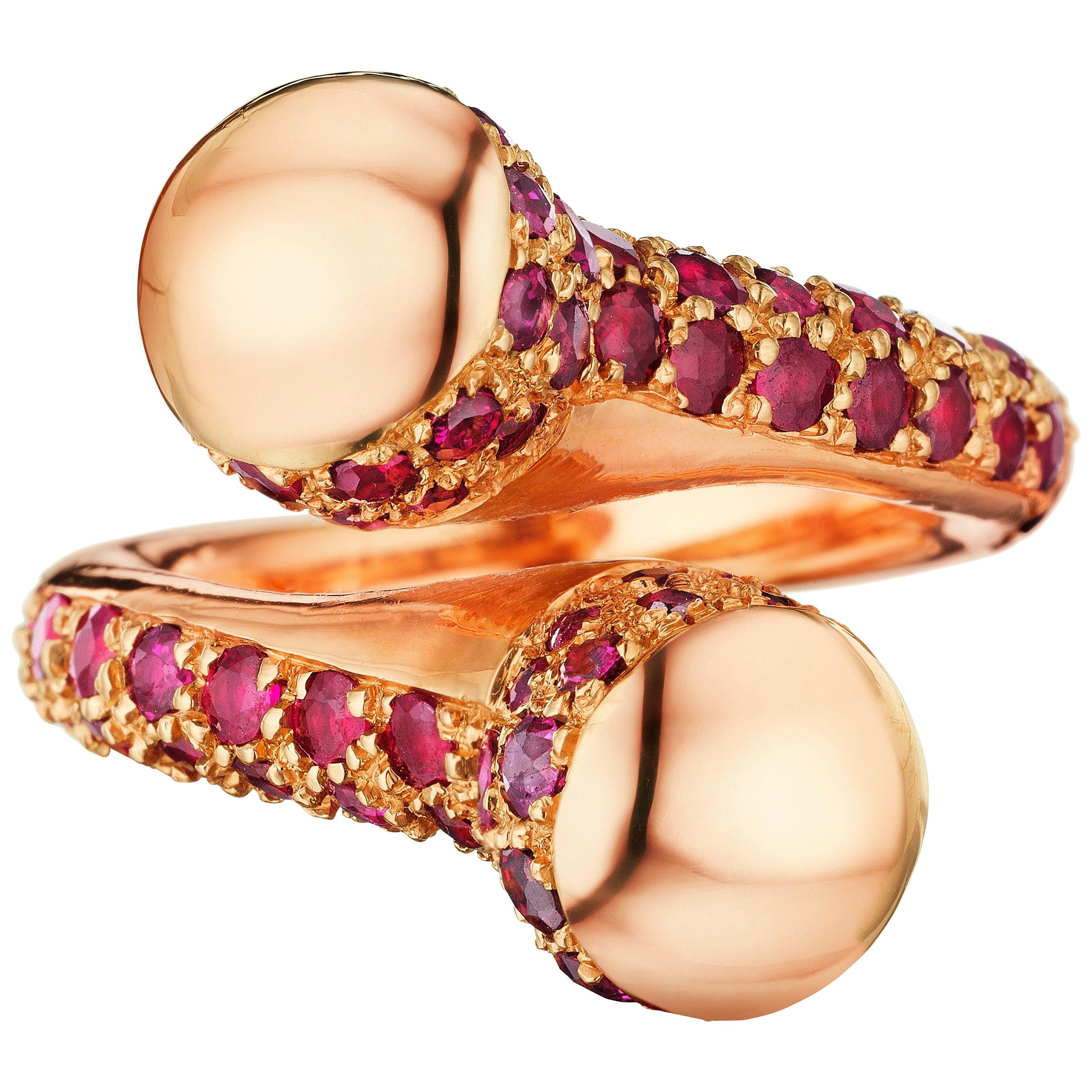 Yoki Double Bypass Ruby Rose Gold Ring For Sale